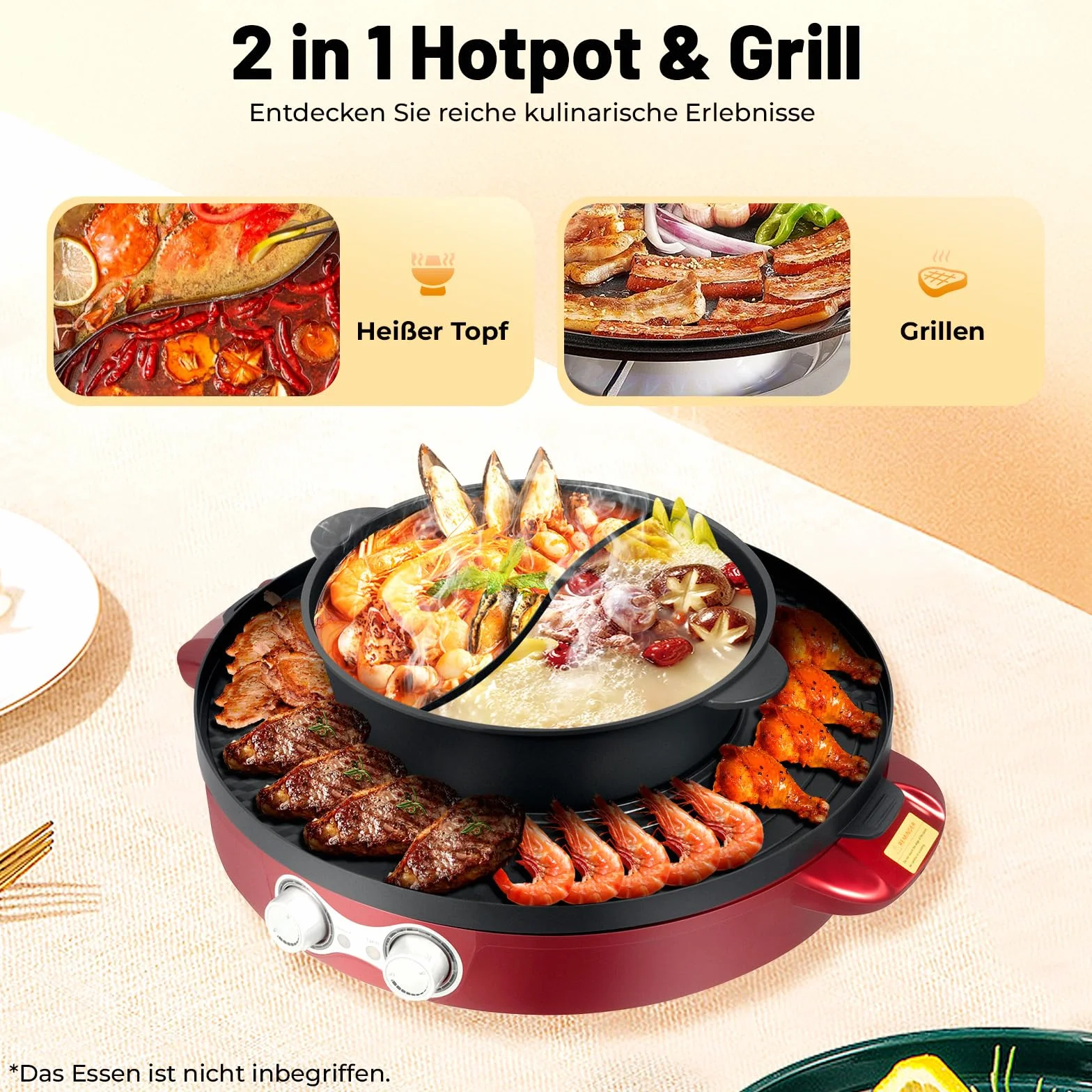 Elektryczny grill i zestaw do fondue 2200 W 44 cm powłoka nieprzywierająca Hot Pot płyta grillowa czerwony