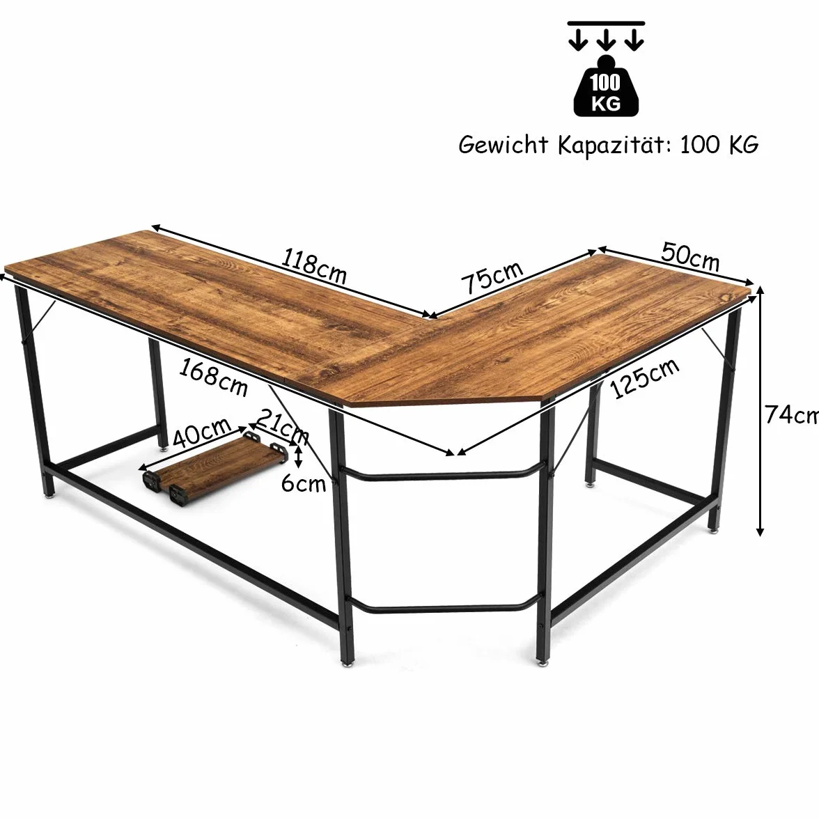 COSTWAY Biurko narożne w kształcie litery L 168 x 125 x 74 cm brązowe