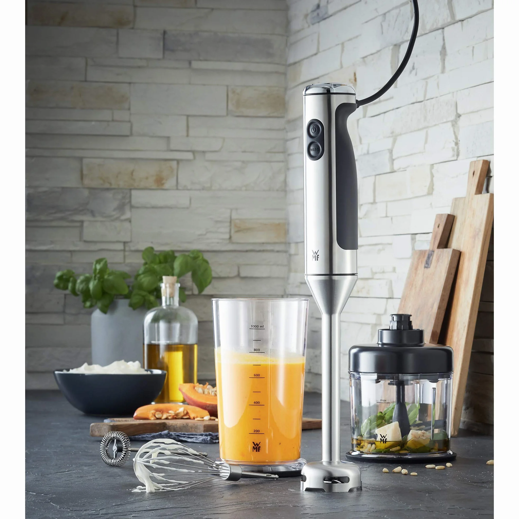WMF Lineo 5-częściowy zestaw blenderów ręcznych, pałeczka do miksowania, trzepaczka, spieniacz do mleka, rozdrabniacz, 700 W, różdżka z pojemnikiem 1 l, stal nierdzewna matowa