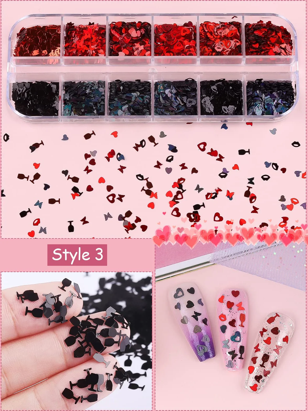 Kalolary 3 x cekiny do zdobienia paznokci walentynkowe, cekiny w kształcie serca, cekiny do paznokci, w kształcie wargi, kwiatowe, holograficzne cekiny do manicure, twarzy, ciała, dekoracji, E
