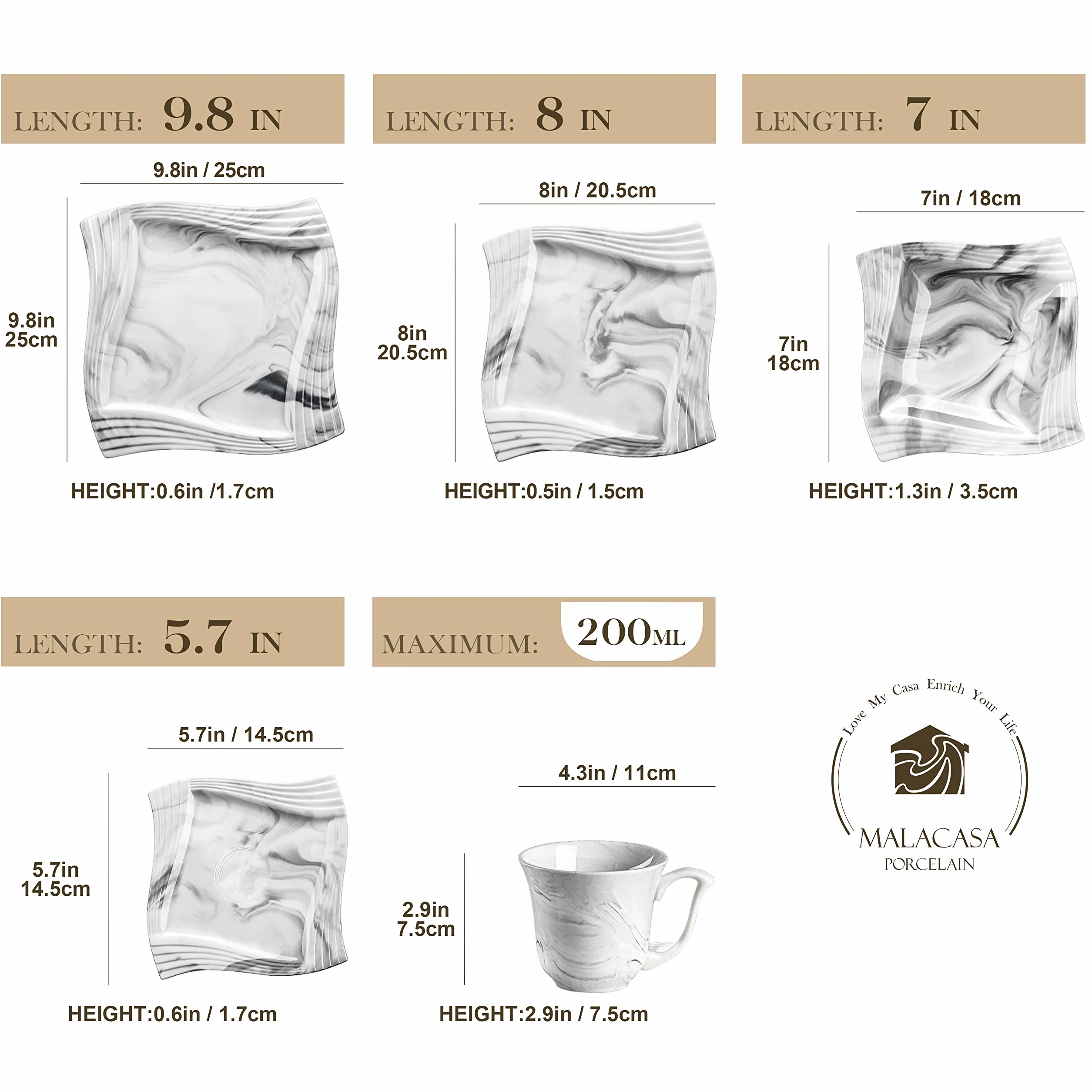MALCASA Amparo 3-częściowy zestaw naczyń porcelanowych marmurowy szary dla 6 osób
