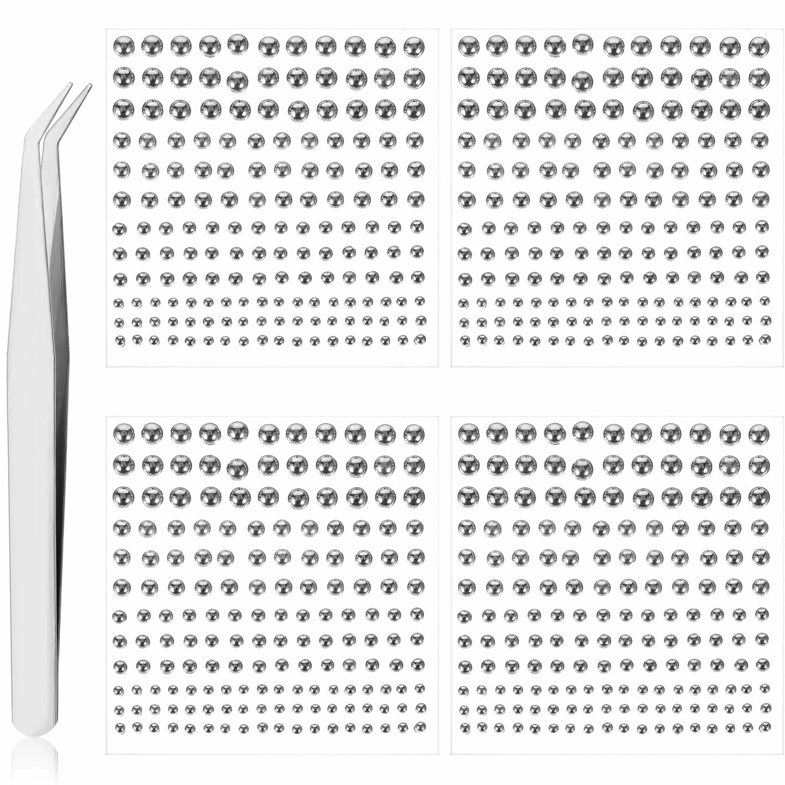 Telooco 4 arkusze samoprzylepnych sztucznych kolczyków akrylowych sztucznych kolczyków do nosa z 1 pęsetą, srebrne, sztuczne kolczyki do brwi, 3 mm, 4 m, 5 m, 6 mm, do twarzy, włosów, rękodzieła, DIY,