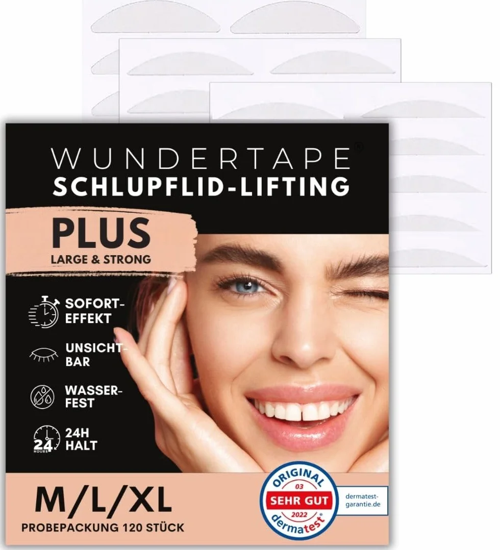 WUNDERTAPE Paski do opadających powiek, Clear & STRONG taśma do liftingu powiek bez operacji! (wodoodporne, utrzymują się przez 24 godziny, podwójne taśmy liftingujące) taśma do powiek (120 M+L+XL)