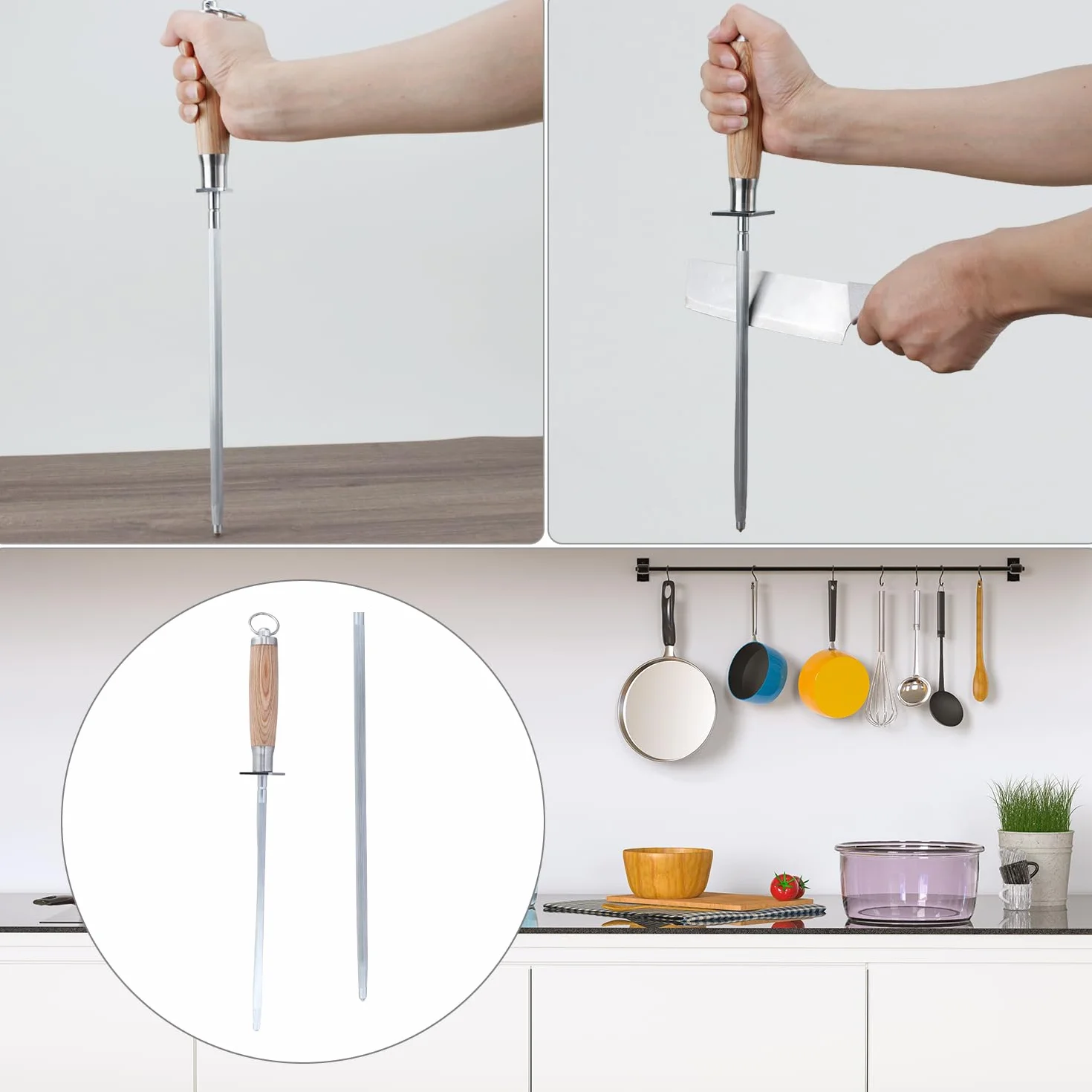 QWORK Pręt do honowania 38 cm stalowy z uchwytem do ostrzenia sztućców