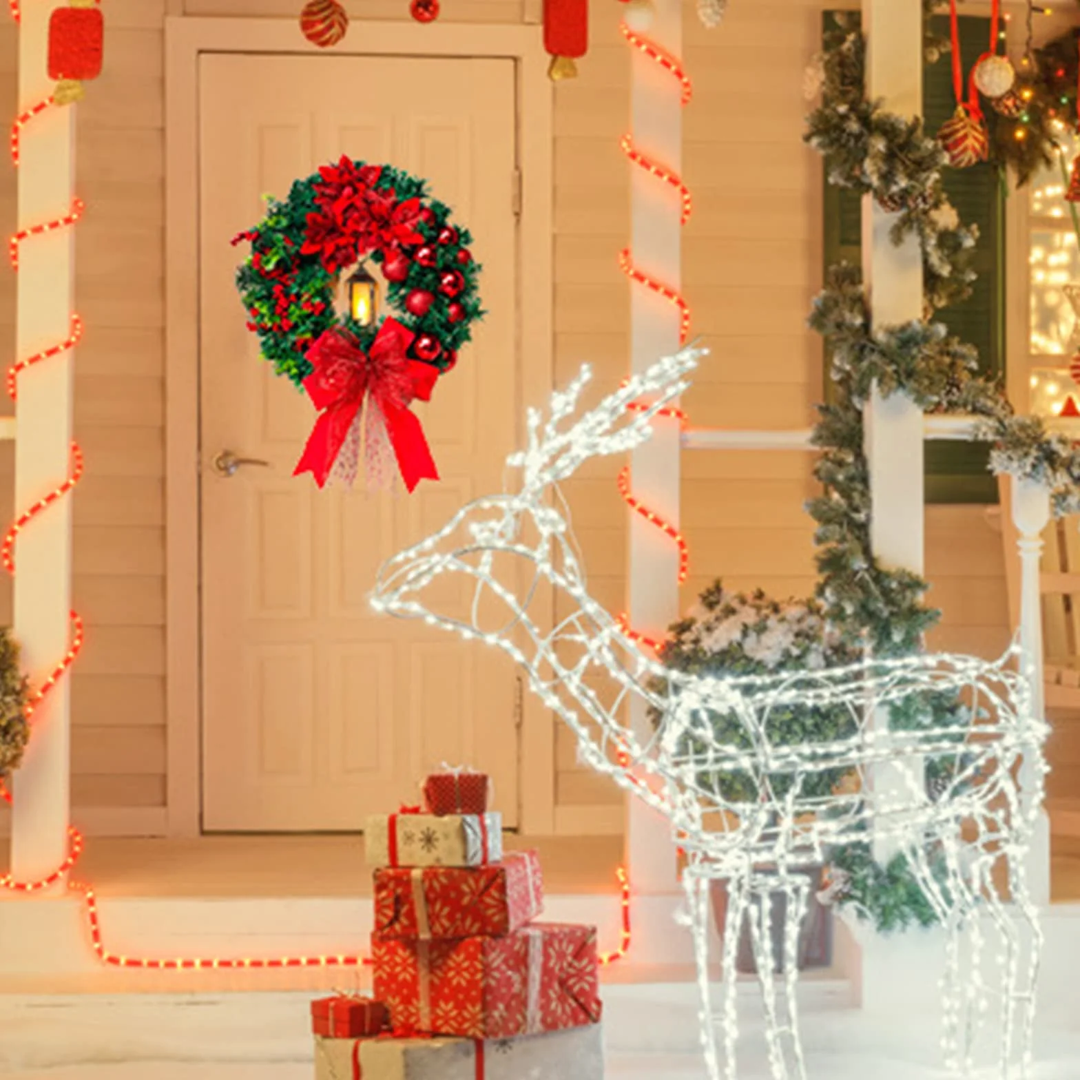 Świąteczny wieniec na drzwi wejściowe, zasilany bateriami, sztuczny wieniec na drzwi z klastrami jagód, kokardą i przezroczystymi światłami LED, na święta, Boże Narodzenie, dekoracje imprezowe