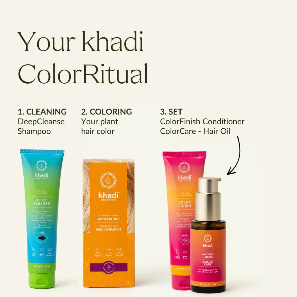 khadi ŚREDNI BLOND roślinna farba do włosów, zanurza włosy w ciepłym średnim blondzie z aksamitnymi refleksami kolorystycznymi, w 100% roślinna i naturalna, certyfikowane kosmetyki naturalne, 100g