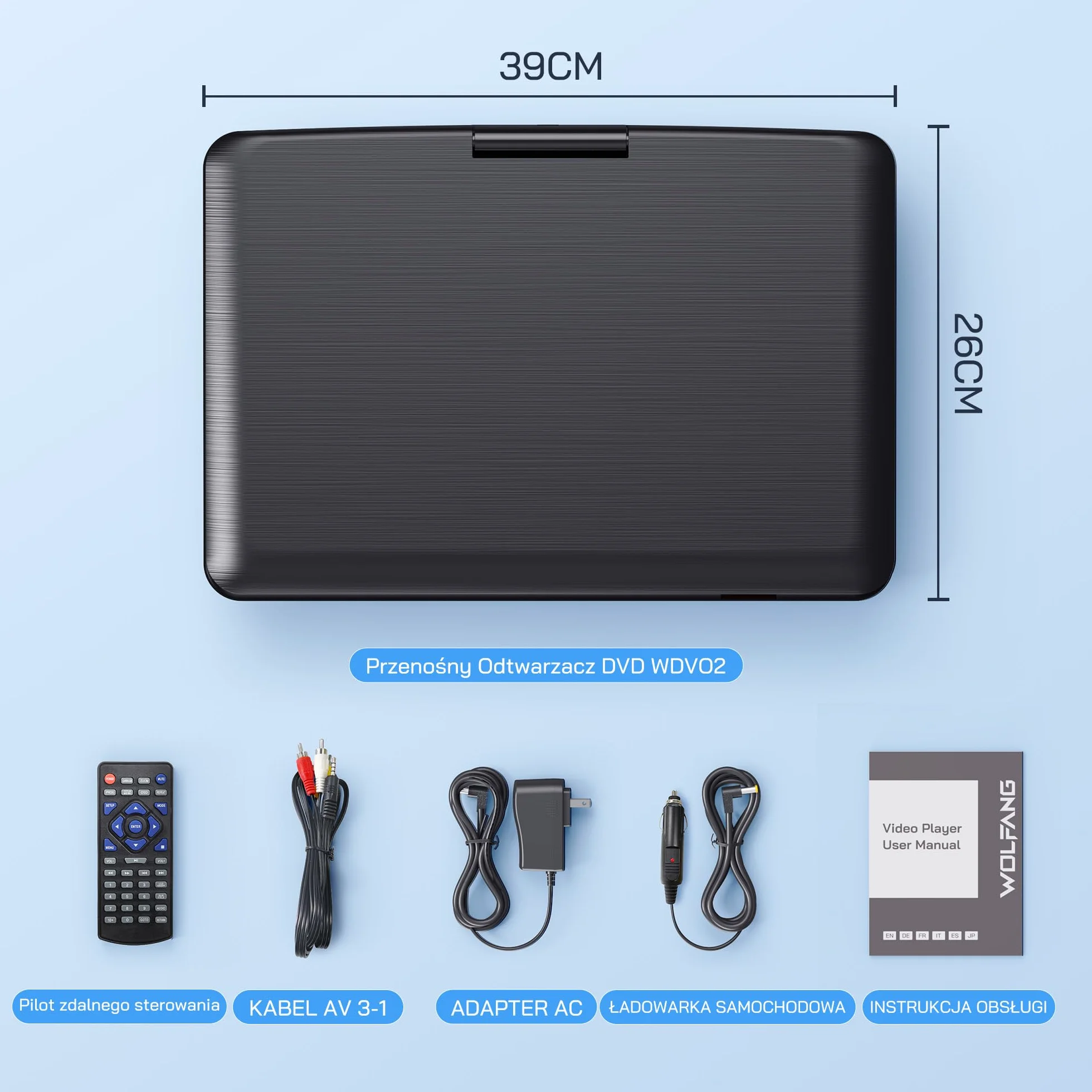 WOLFANG 17,5" Przenośny Odtwarzacz DVD z 15,6" Dużym Wyświetlaczem HD, Akumulatorem 5000mAh, Bez Ograniczeń Regionalnych, Dwoma Głośnikami Stereo, Obsługą USB/SD/Synchronizacji TV/Ekranu Projektora