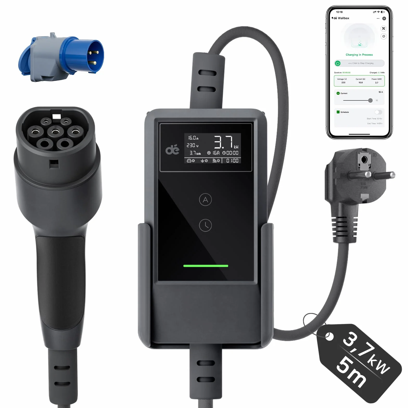 dé Ładowarka samochodowa elektryczna APP 3,7 kW 5,5 m 6-16 A, przenośna elektryczna ładowarka samochodowa typu 2 Schuko z LCD, kabel do ładowania samochodu elektrycznego, kolumna ładująca do modelu 3