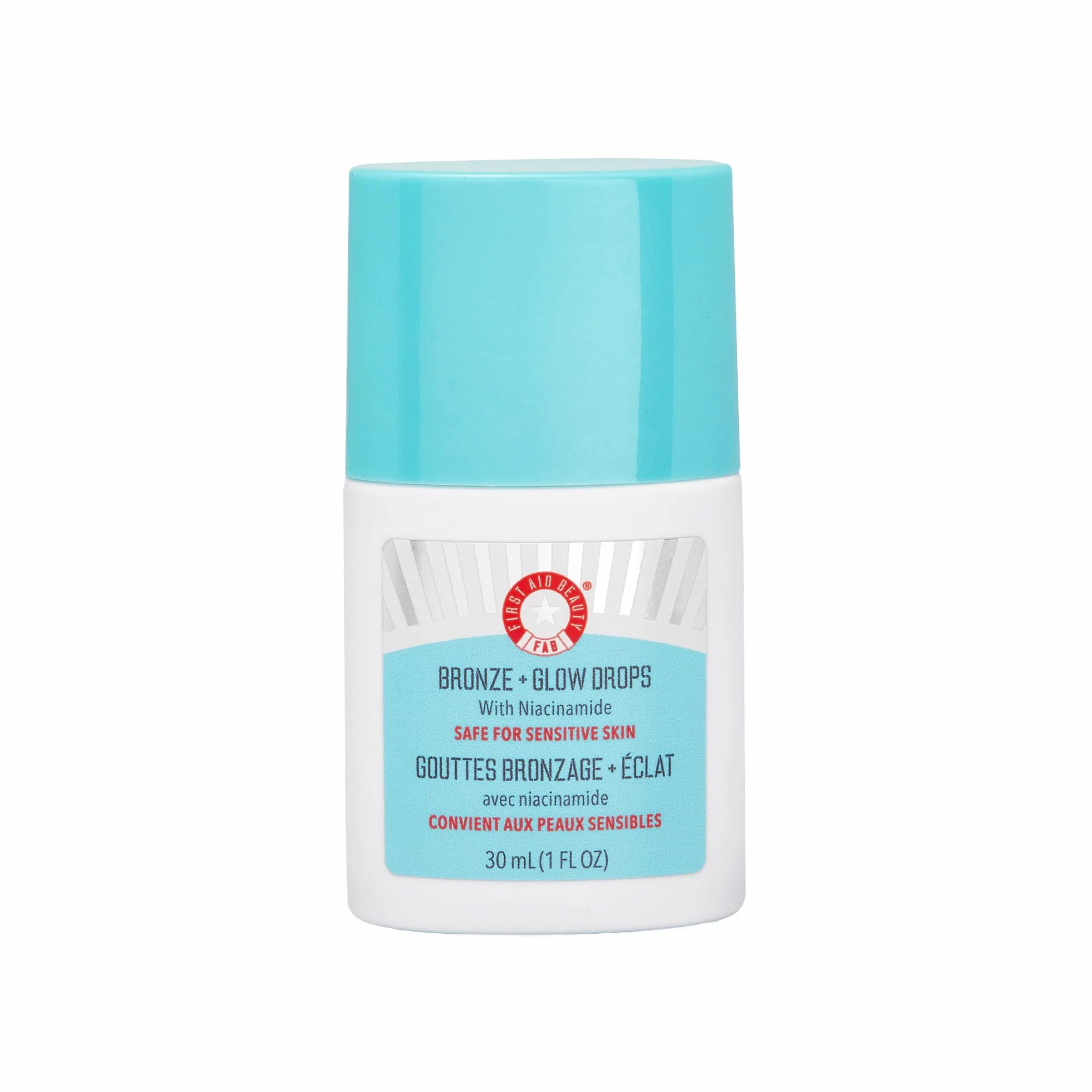 First Aid Beauty – Bronze + Glow Drops z niacynamidem, wyrównują koloryt, wygładzają pory, nawilżają 24h, brązowy efekt, niekomedogenne, dla skóry wrażliwej, 30 ml