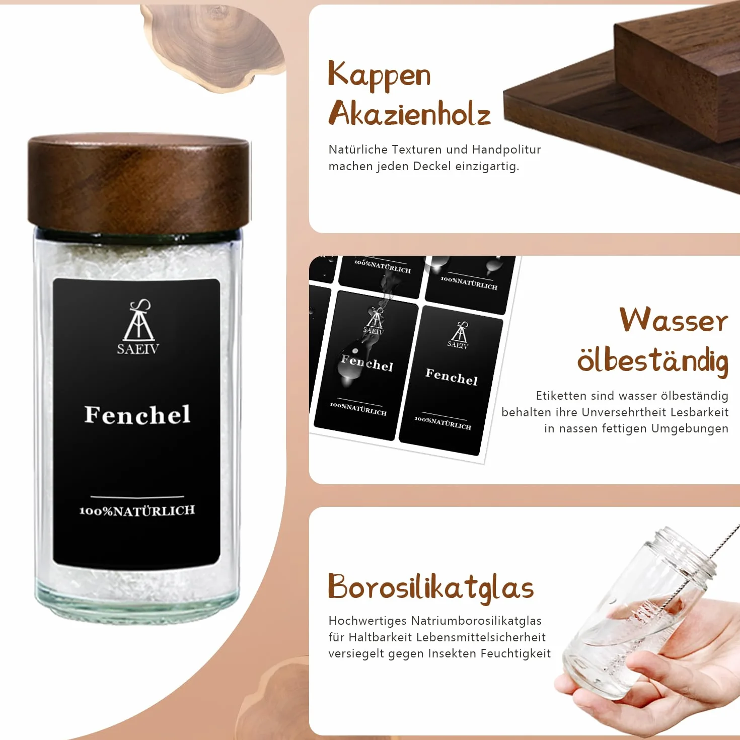 Pojemnik na przyprawy z drewna akacjowego 24 x 120 ml, zestaw słoików okrągłych