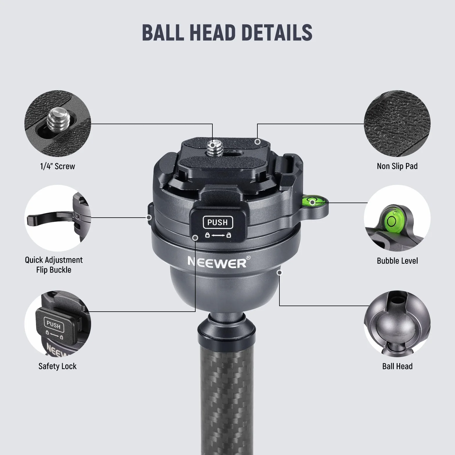NEEWER LITETRIP LT32 157.5 cm statyw podróżny z włókna węglowego z poziomowaniem ±15°, głowica panoramiczna 360°, odłączana oś środkowa, klamra szybkiego otwierania, płyta Arca QR kompatybilna z Peak