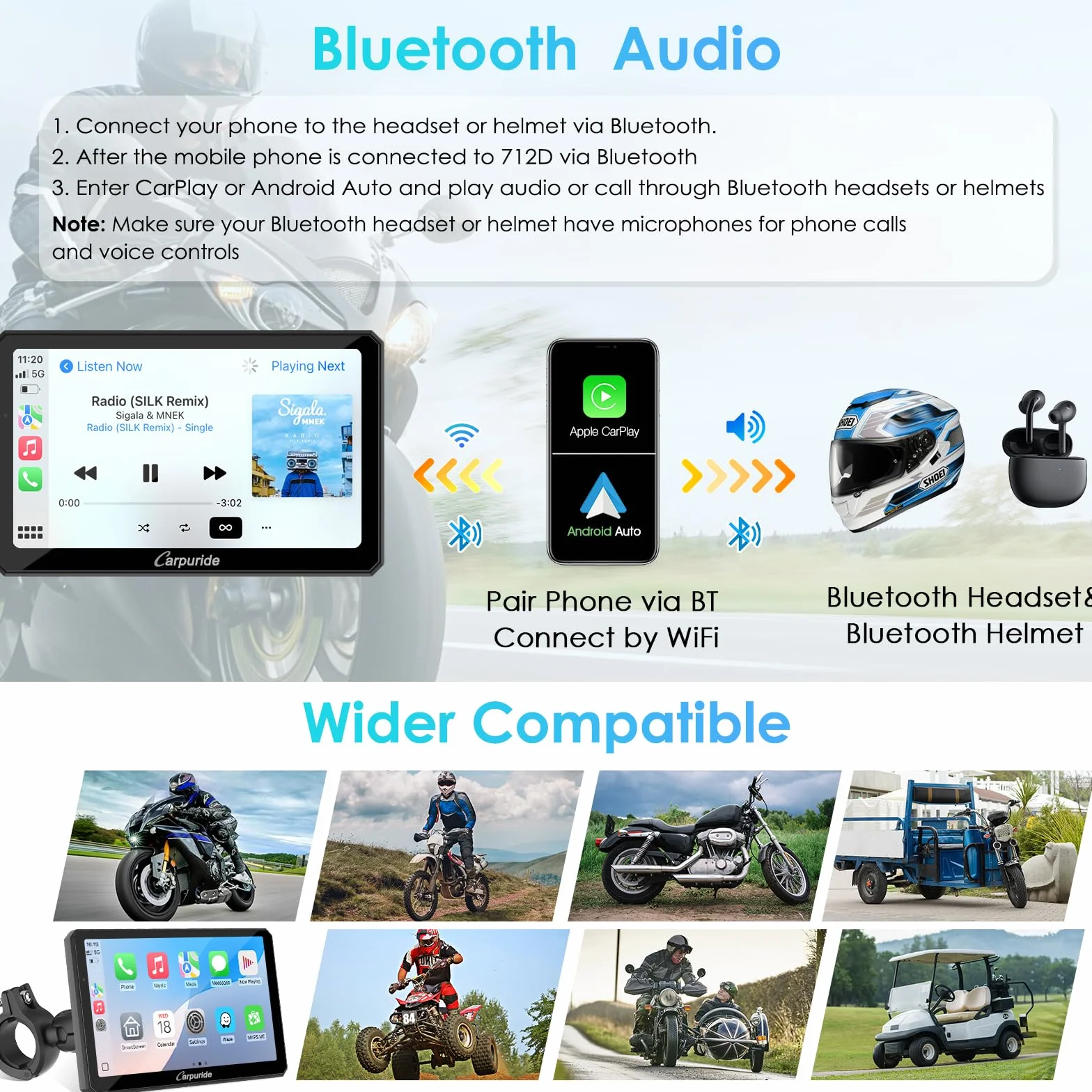 Carpuride W712D Motocyklowy ekran Carplay z kamerą samochodową 1080P HD z przodu i z tyłu, bezprzewodowy CarPlay i Android Auto, wodoodporny ekran dotykowy 17.8 cm, BT Audio, przewodowy kontroler