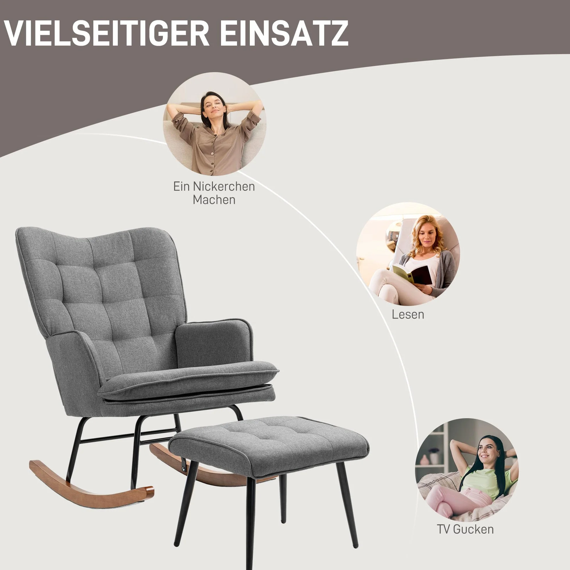 HOMCOM Fotel bujany z taboretem, fotel z podłokietnikami, fotel do karmienia o wyglądzie lnu, fotel bujany do 130 kg, do sypialni, salonu, ciemnoszary