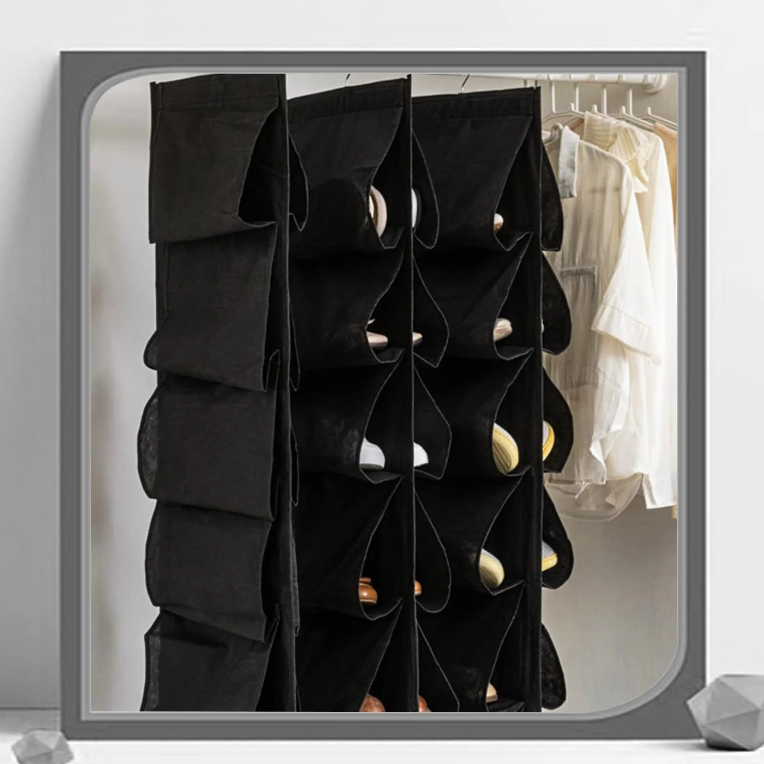 Wiszący organizer na buty 117x32 cm 12 kieszeni czarny
