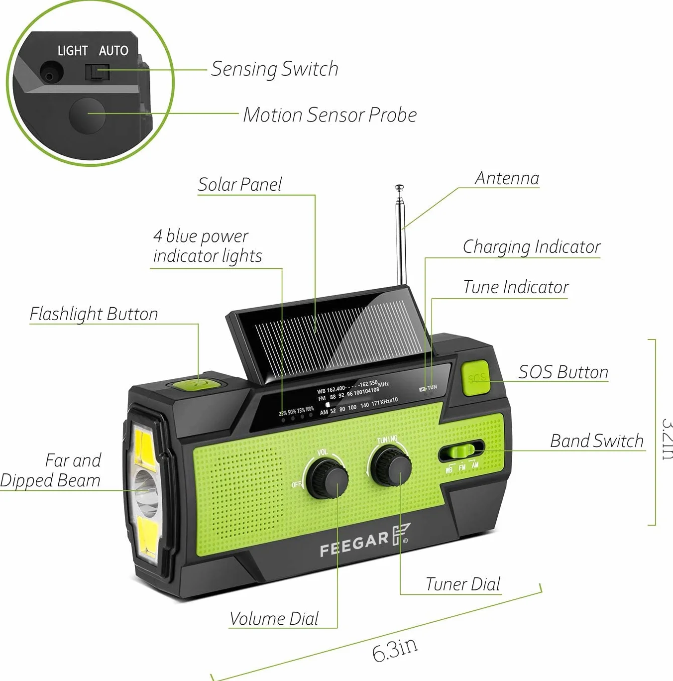 Radio z korbą ręczną Feegar Oze 2 Pro na wypadek sytuacji awaryjnych, radio pogodowe AM/FM przenośne radio survivalowe z latarką LED, ładowarką do telefonu komórkowego, alarmem SOS do domu 4000 mAh