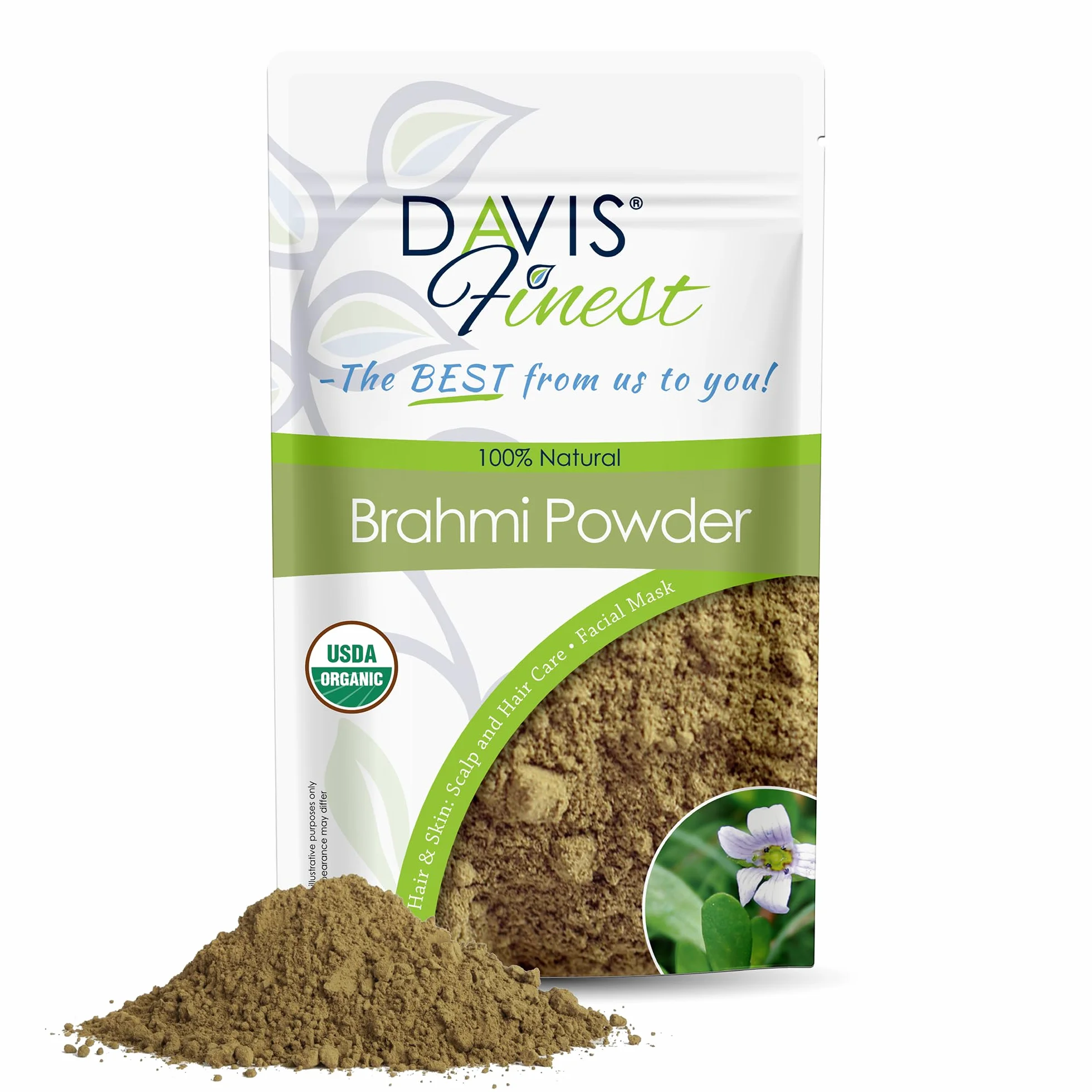 Davis Finest Organic Brahmi Powder 100 g, czysty i naturalny, ajurwedyjski, suche, zniszczone, przerzedzające się włosy, wspomaga wzrost włosów, łamliwość włosów, rozdwajanie końcówek