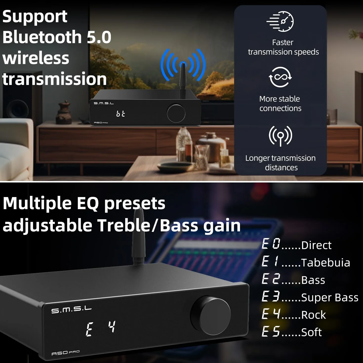 S.M.S.L A50PRO Wzmacniacz mocy HiFi, filtr górno-/dolnoprzepustowy 2.1-kanałowy, układ MA12070P Infineon, wejście Bluetooth 5.0/USB/HDMI/AUX, pasywny subwoofer z regulacją głośności (A50 PRO)