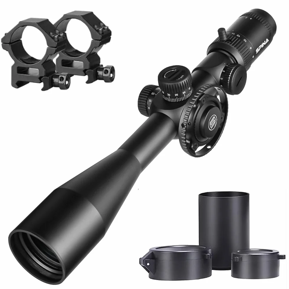 SPINA OPTICS 6-24x50 FFP First Focal Plane Rifleskopy z celownikiem Mil-Dot i regulacją paralaksy, osłona przeciwsłoneczna w zestawie, wodoodporna, przeciwmgielna czarna luneta celownicza, rurka 30 mm