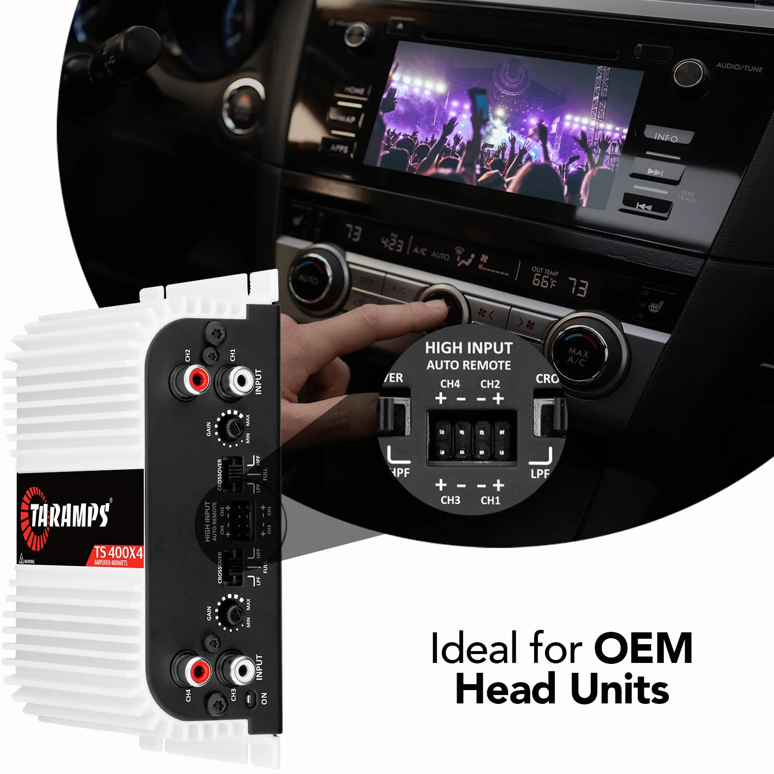 Taramps TS 400 x 4 z automatycznym wejściem wysokiego poziomu, 400 W, RMS, 4 kanały, pełny zakres, samochodowy wzmacniacz audio, klasa wejściowa RCA, 2 kanały, wielokanałowy system wzmacniacza