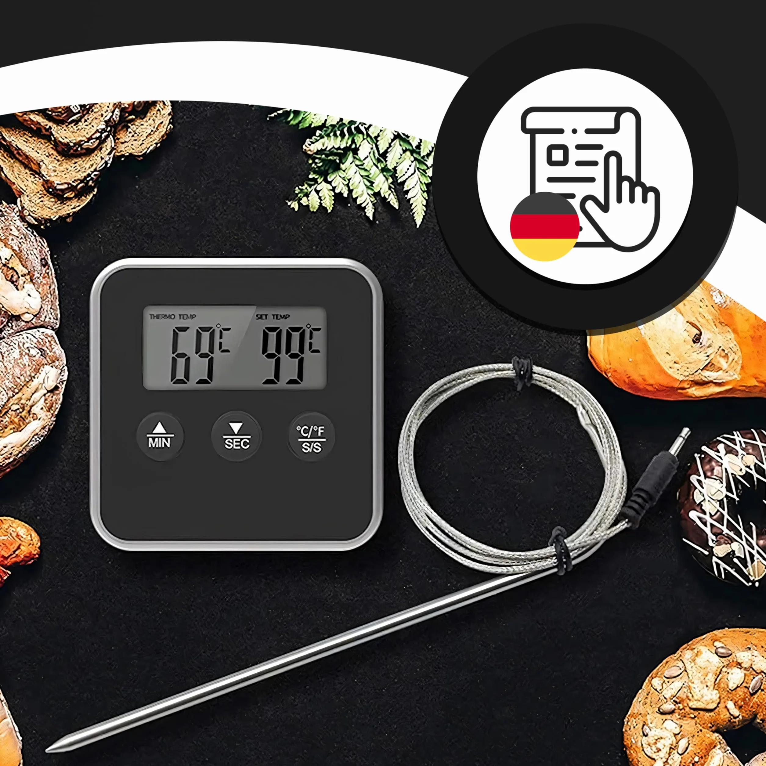 Retoo Cyfrowy termometr do mięsa z długą sondą 0-300°C wodoszczelny do grilla i piekarnika