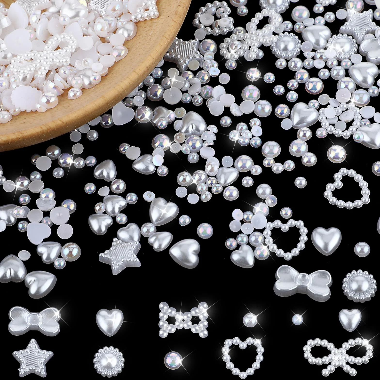 WLLHYF 500 sztuk zawieszek do paznokci 3D, różne kształty, koraliki z płaskim tyłem, kokardka, gwiazda, serce, kwiat, mieszane, urocze aplikacje do manicure, puste perły, dekoracja paznokci