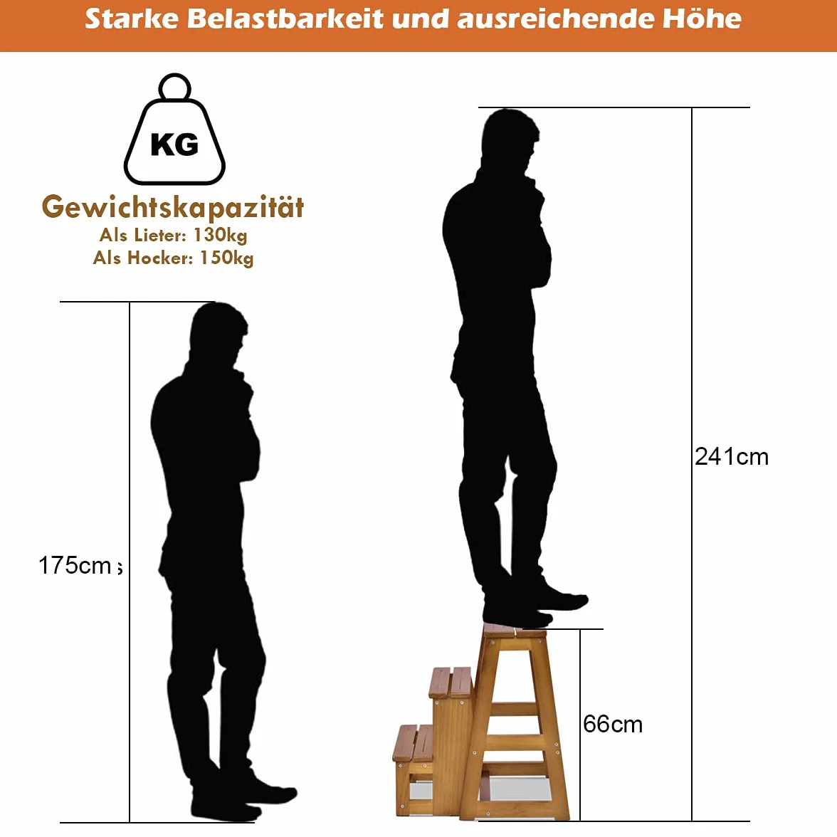 COSTWAY Drabinka taboret 3 stopnie składane krzesło 150 kg 66 cm drabina z litego drewna
