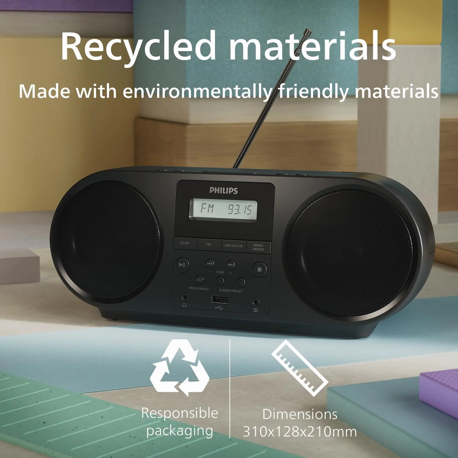 Philips Uniwersalny odtwarzacz CD TAZ5000 z radiem FM, Bluetooth 5.4, portami USB, dynamicznymi basami, gniazdem sluchawkowym 3,5 mm, zasilany z baterii/sieci (AC), wykonany z materialów z recyklingu