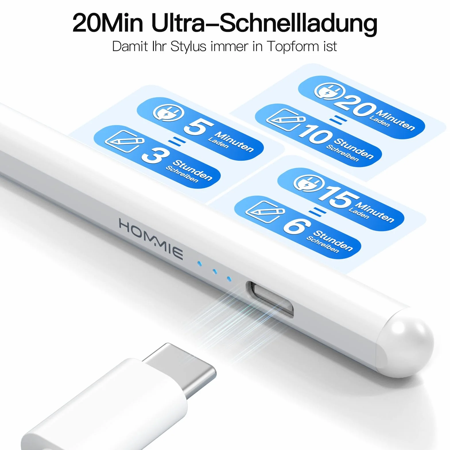 Hommie Pióro iPad do Apple iPad 2018-2023, długopis iPad z 3 diodami LED, 5 min szybkie ładowanie, mocowanie magnetyczne, odrzucenie dłoni do iPada 6, 7, 8, 9, 10/Mini 5,6/iPad Air 3,4, 5/Pro 3/4/5/6