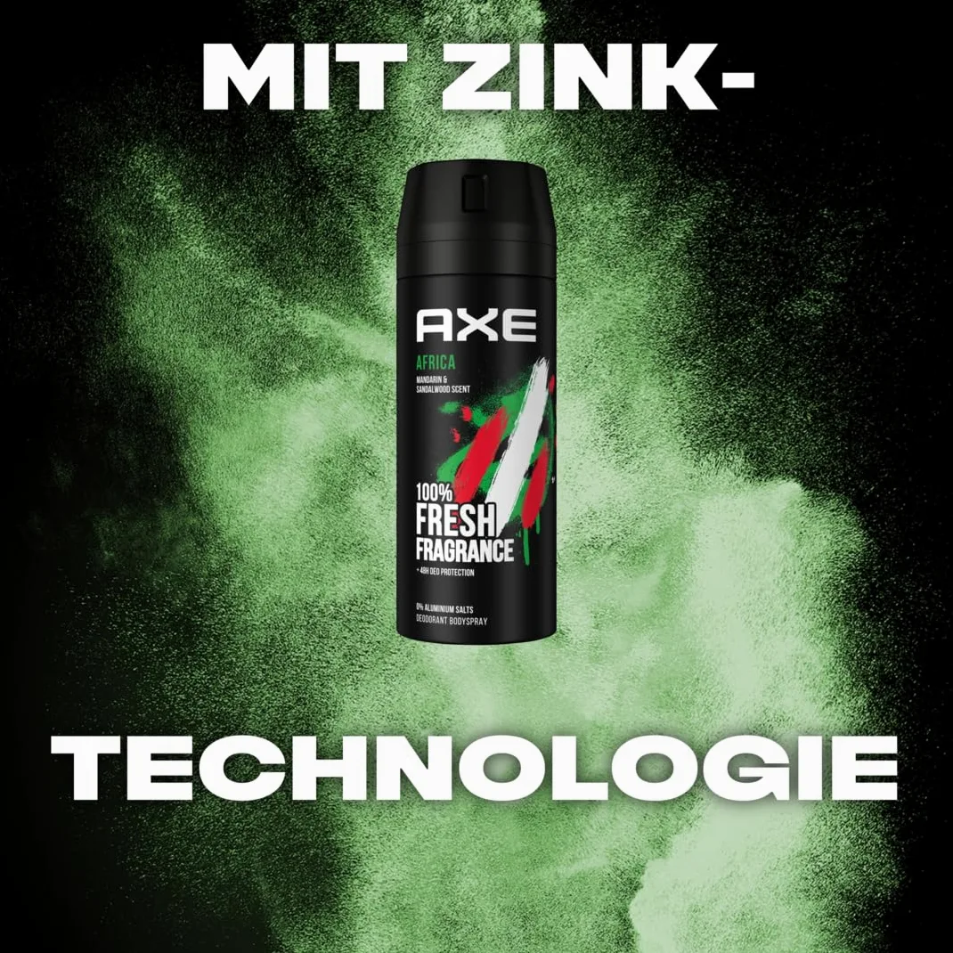 AXE Afryka dezodorant w sprayu do ciała z ochroną 48H przed zapachem ciała, bez soli aluminiowych, 12 sztuk