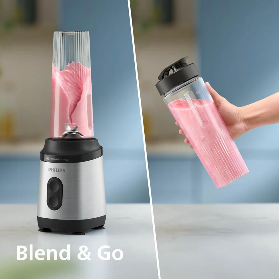 Philips Blend & Go Seria 3000 Mini Blender do Smoothie 350W 0,6L 4-ramienne Odłączane Ostrza 2 Prędkości ProBlend Srebrny