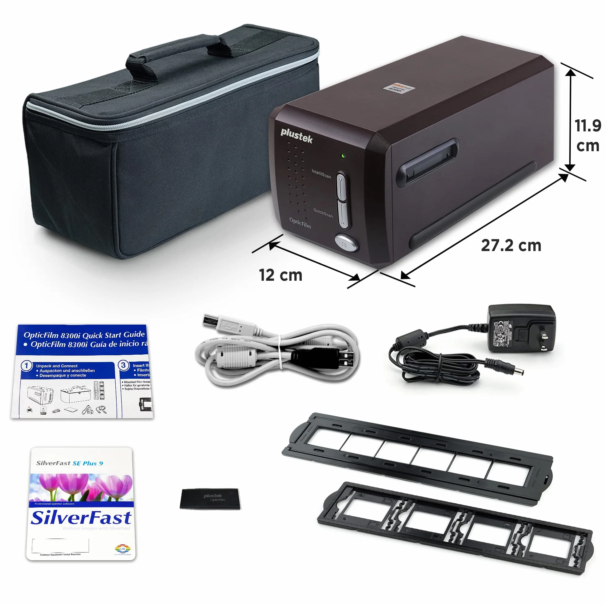 Plustek OpticFilm 8300i SE – skaner pasków i slajdów 35 mm z 38% wzrostem prędkości skanowania, pakiet SilverFast SE Plus 9 + QuickScan Plus, obsługa komputerów Mac i Windows.