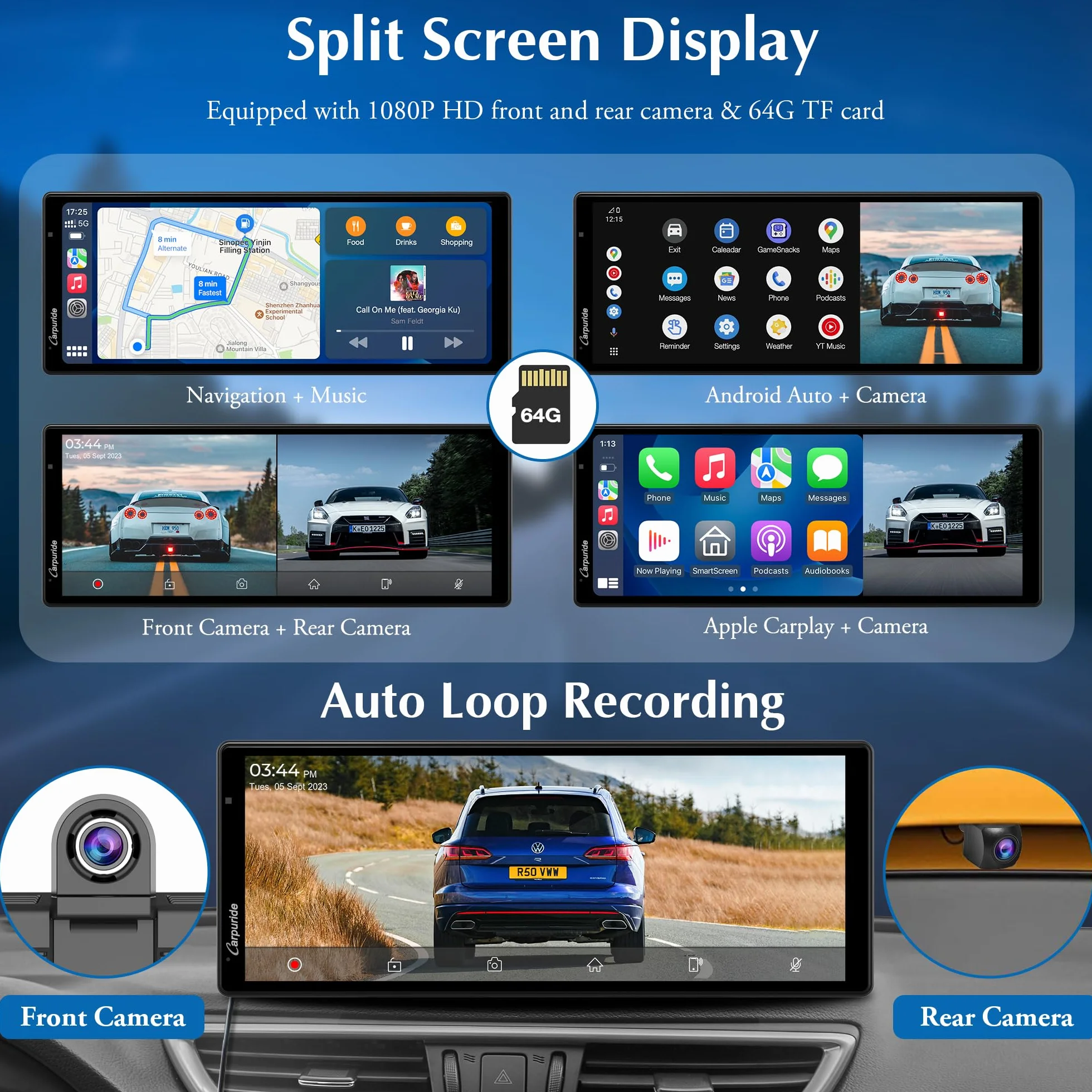 2025 CARPURIDE W903 Przenośna konsola multimedialna CarPlay i Android Auto Smart Auto 4K, nagrywanie w pętli, audio Bluetooth, lustra łączne, GPS, Siri
