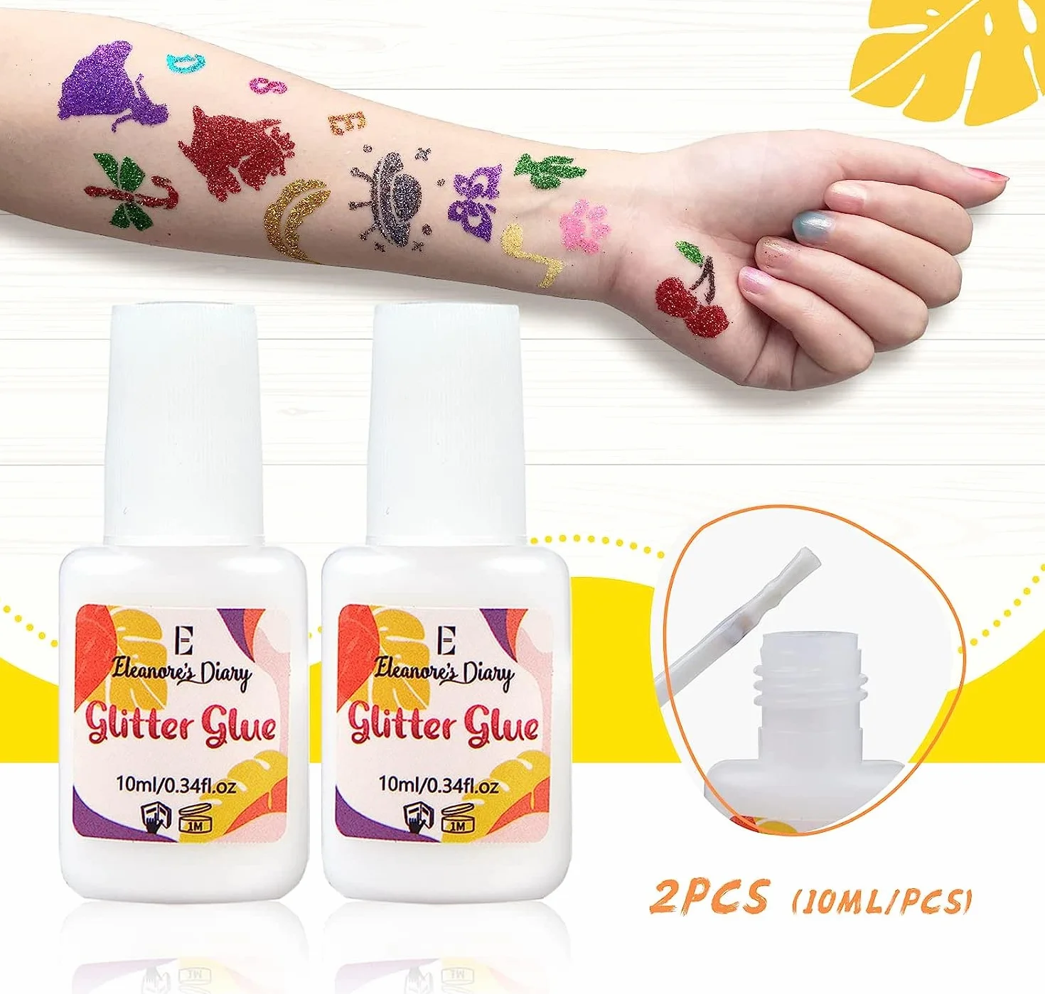 Klej do skóry z brokatem, Eleanore's Diary 10 ml*2 Glitter Glue, klej do brokatu, bezzapachowy i nietoksyczny, brokatowy klej do tatuażu na karnawał, makijaż, Halloween, Boże Narodzenie, cosplay