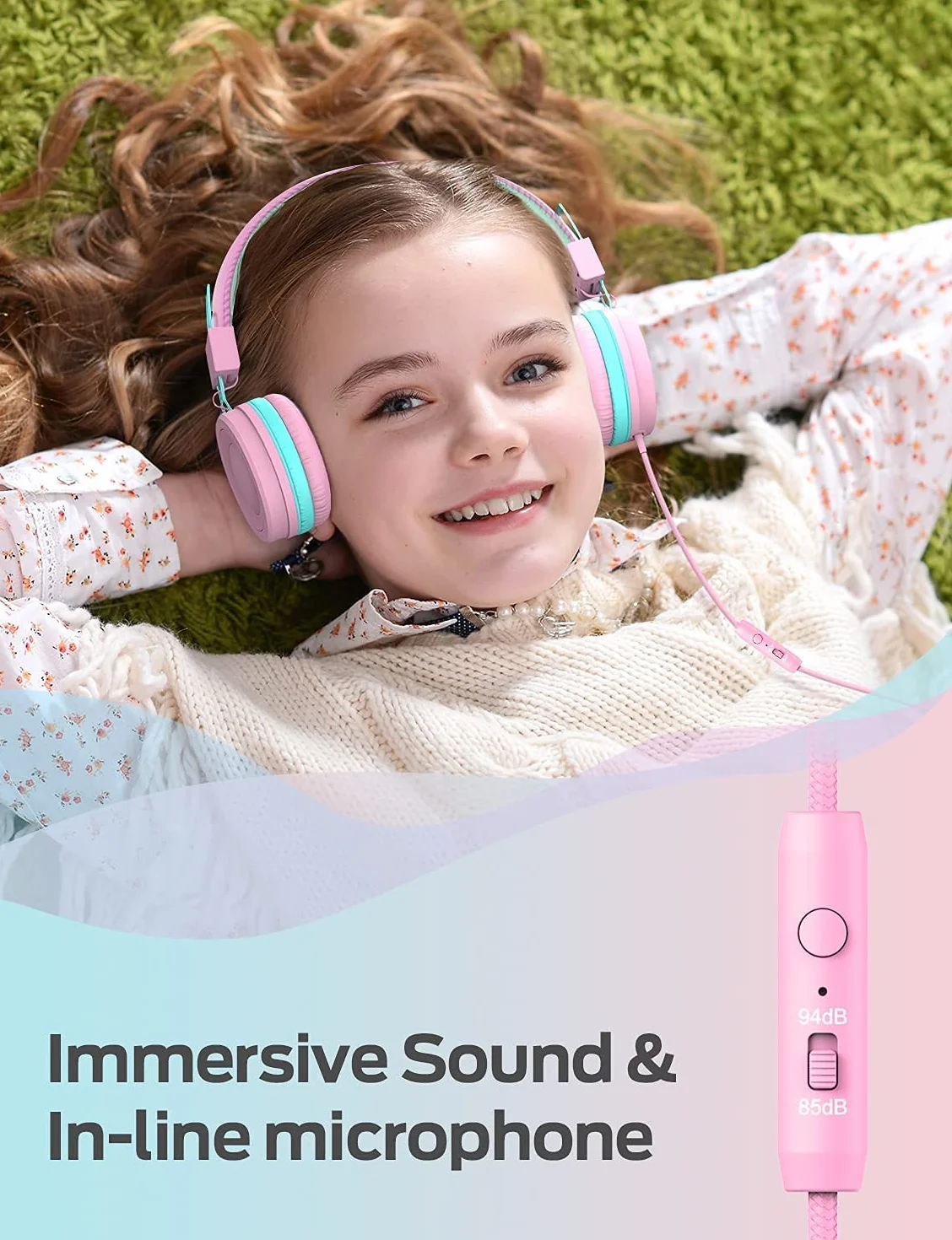 iClever Słuchawki audio, przewodowe słuchawki dla dzieci, regulowana opaska na głowę, dźwięk stereo, składane przewody rozplątane, gniazdo pomocnicze 3,5 mm, 85/94 DB ograniczona głośność (różowy)