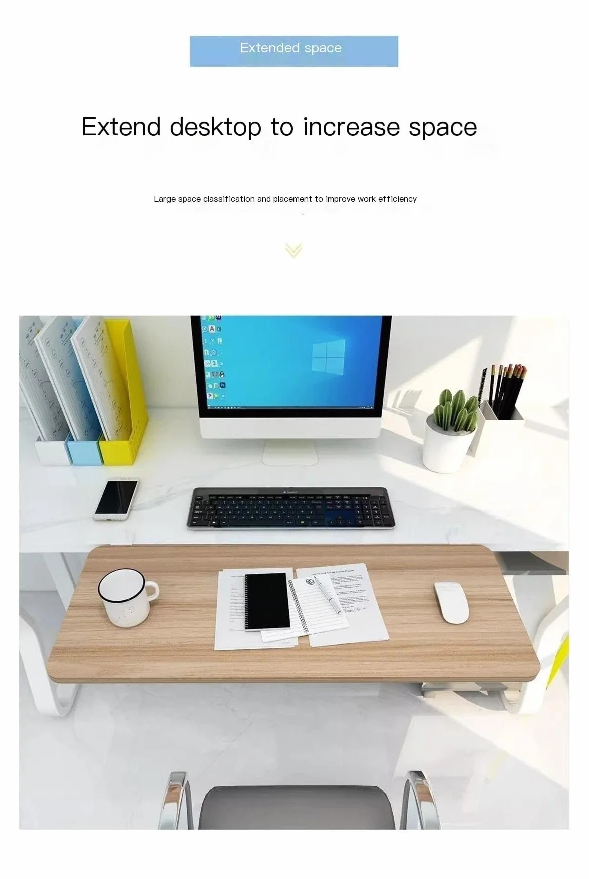 Desk Extender Tray Clamp Shelf White Black Pink 90° Folding No Punch Holes 65x25cm