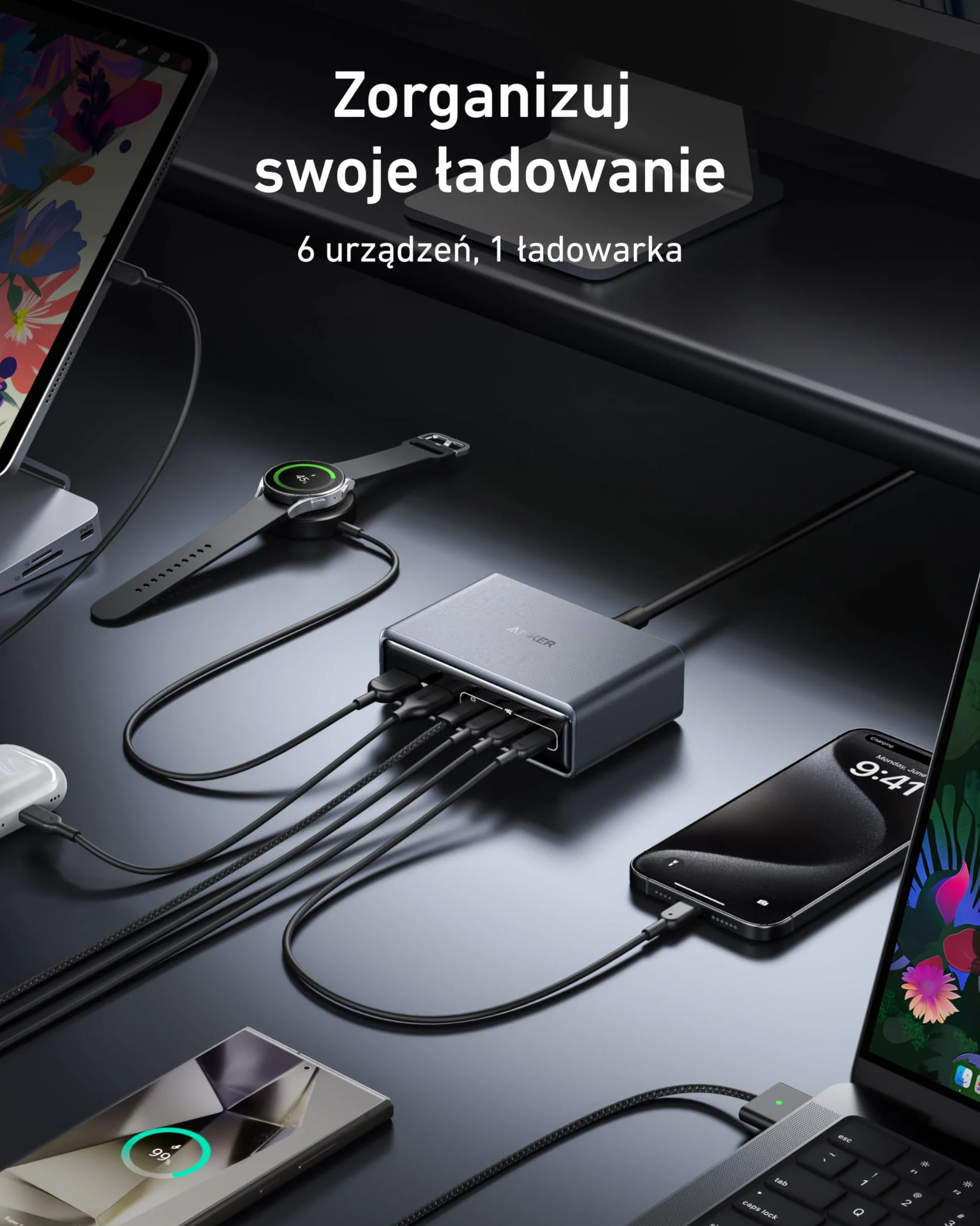 Anker Prime Stacja ładująca, 200 W, 6 portów, GaN, ładowarka stacjonarna USB-C PD, z szybkim ładowaniem, kompatybilna z iPhone 16, Samsung, MacBook, Dell i innymi