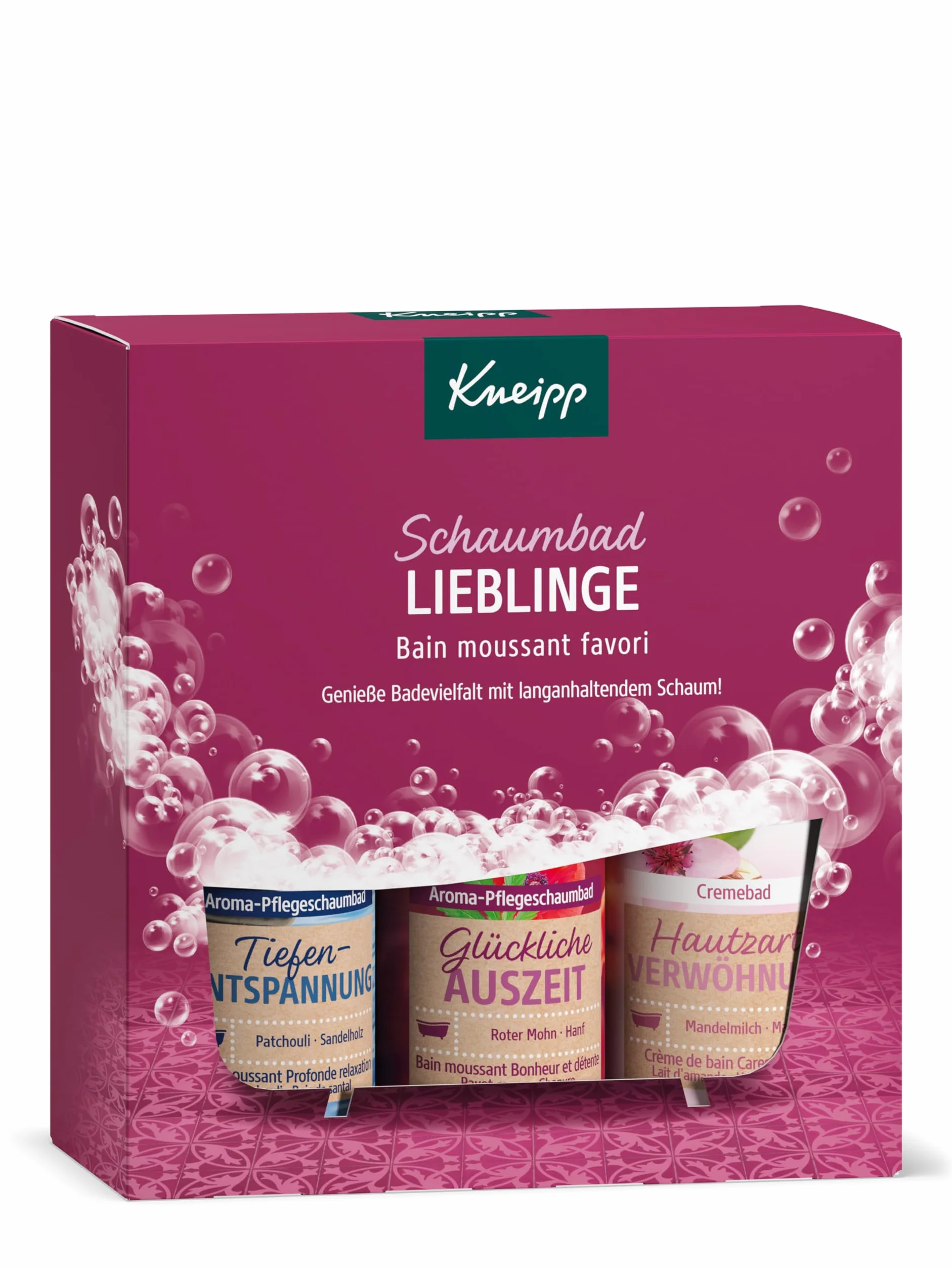 Kneipp Zestaw upominkowy do kąpieli w piance ulubieńców – opakowanie prezentowe z 3 popularnymi dodatkami do kąpieli firmy Kneipp – zawiera 2 x aromatyczna kąpiel pielęgnacyjna i 1 x kąpiel kremowa po