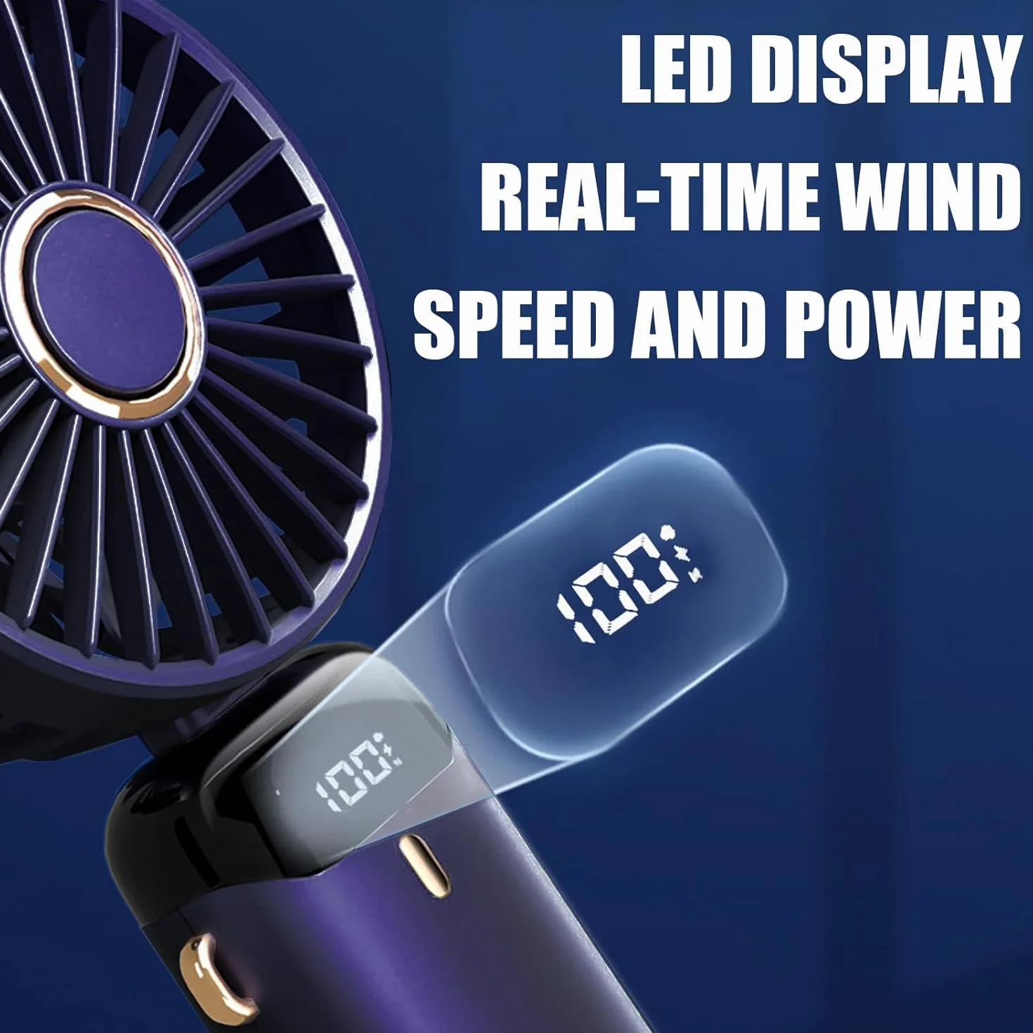 Jsdoin Wentylator ręczny, przenośny ręczny wentylator USB z 5 prędkościami, zasilany bateryjnie, mini wentylator, składany wentylator biurkowy z wyświetlaczem LED, do domu, biura, sypialni, na