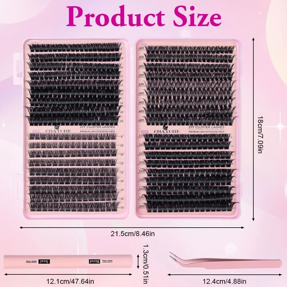 Aomig Zestaw do przedłużania rzęs, 722 szt., "zrób to sam", Cluster Lashes 8-16 mm, przyjazny dla środowiska materiał z efektem kociego oka, pęseta, klej, łącznie z rzęsami, naturalny wygląd, na co