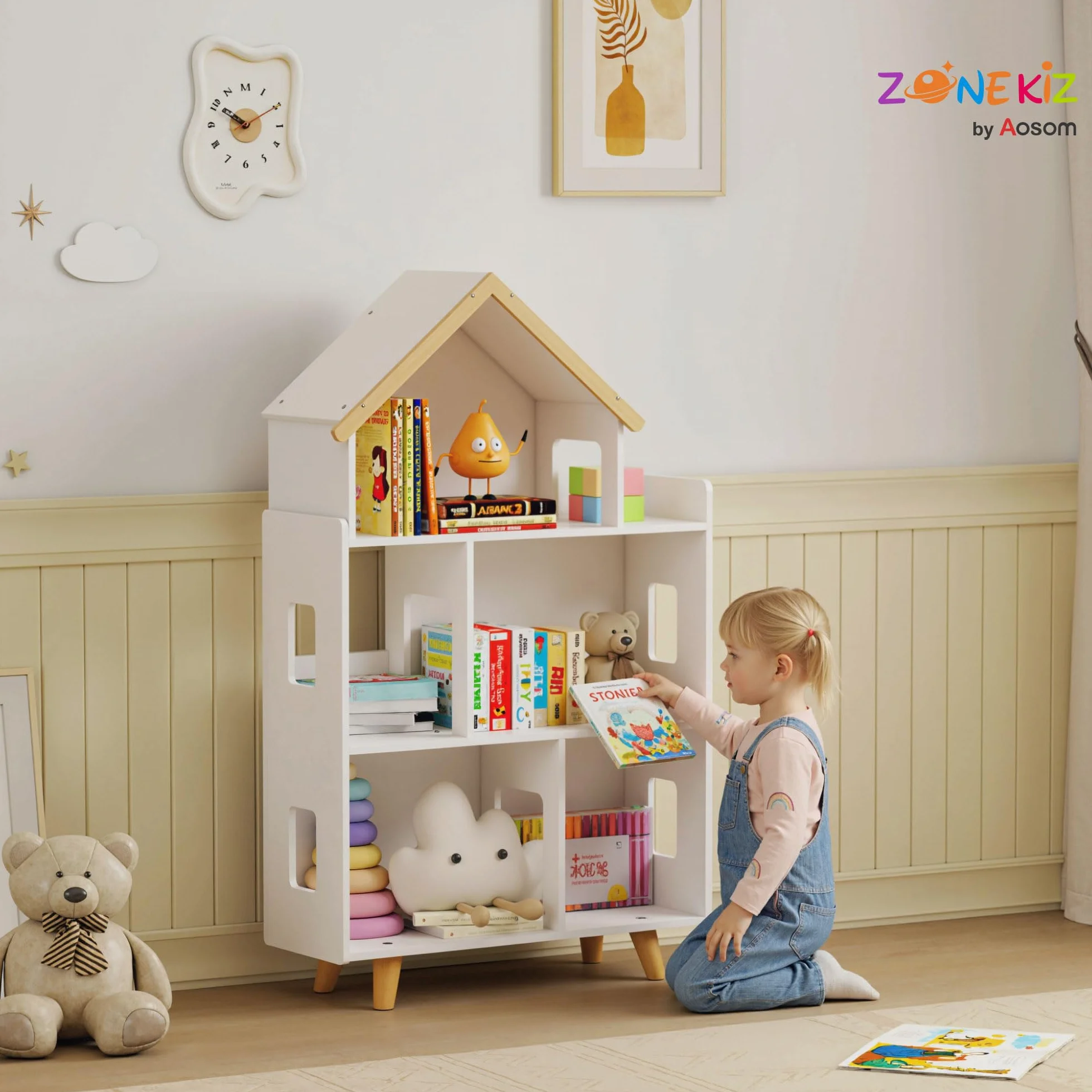 ZONEKIZ Regał do przechowywania zabawek 3 półki lite drewno 65x25x108,5 cm biały naturalny