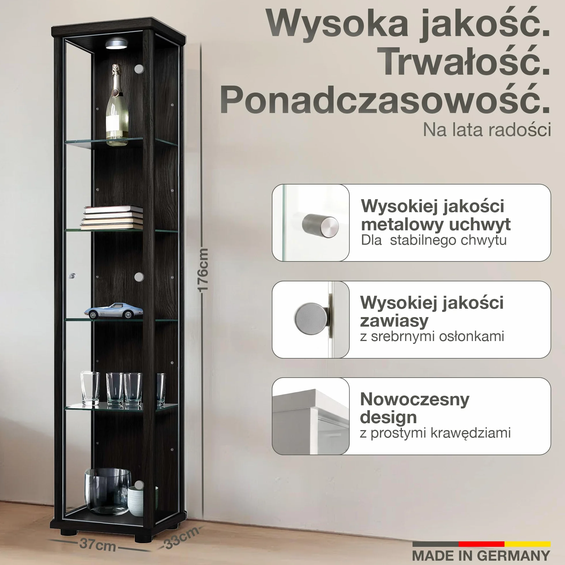 witryna szklana w kolorze czarnym (176x37x33 cm) z 4 regulowanymi półkami szklanymi, LED - gablota na modele samochodów czarna - szafka witryna czarna - gablota kolekcjonerska