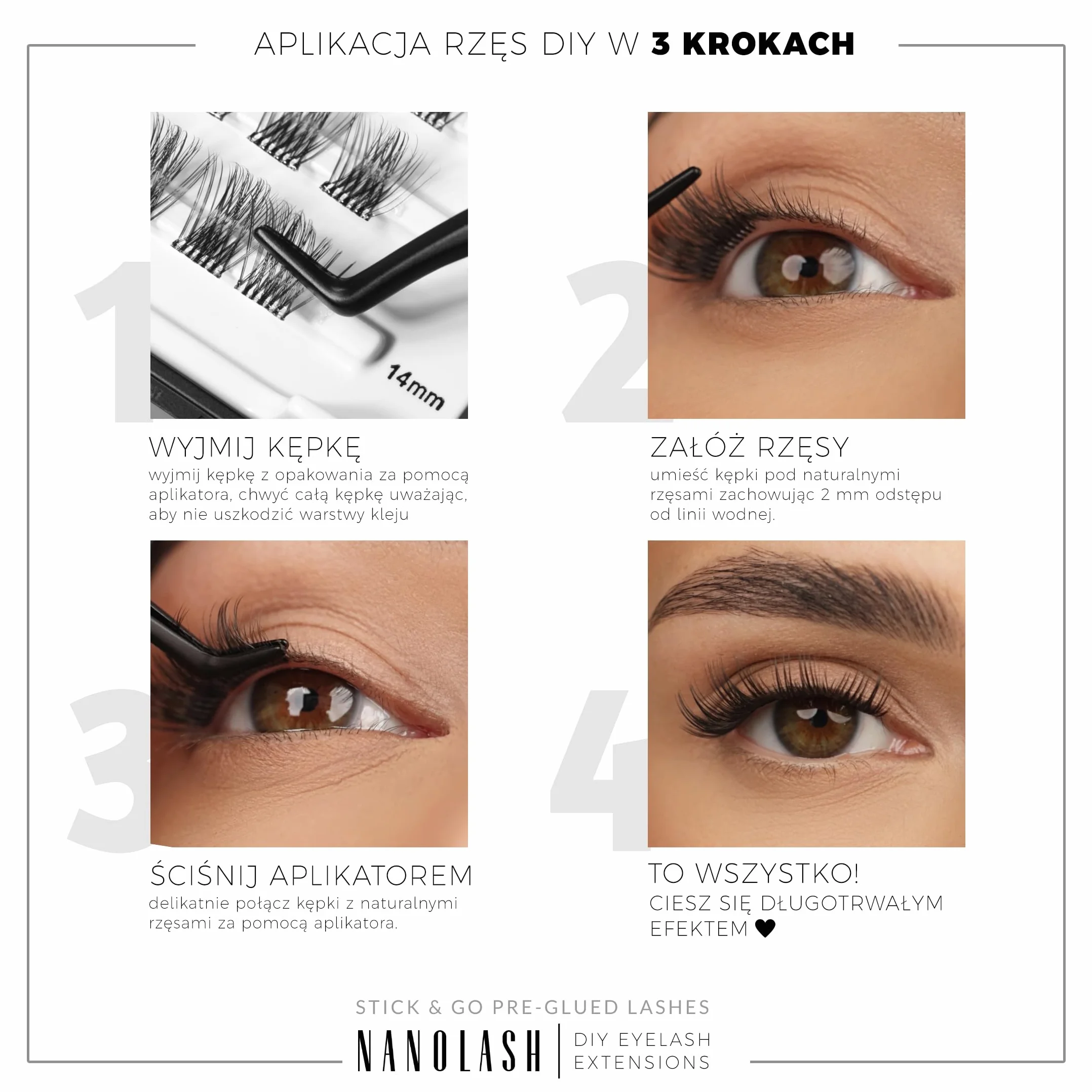 Sztuczne rzęsy pre-glued Nanolash - kępki rzęs do samodzielnego przedłużania w domu - samoprzylepne rzęsy DIY, zestaw kępek + aplikator (HARMONY)