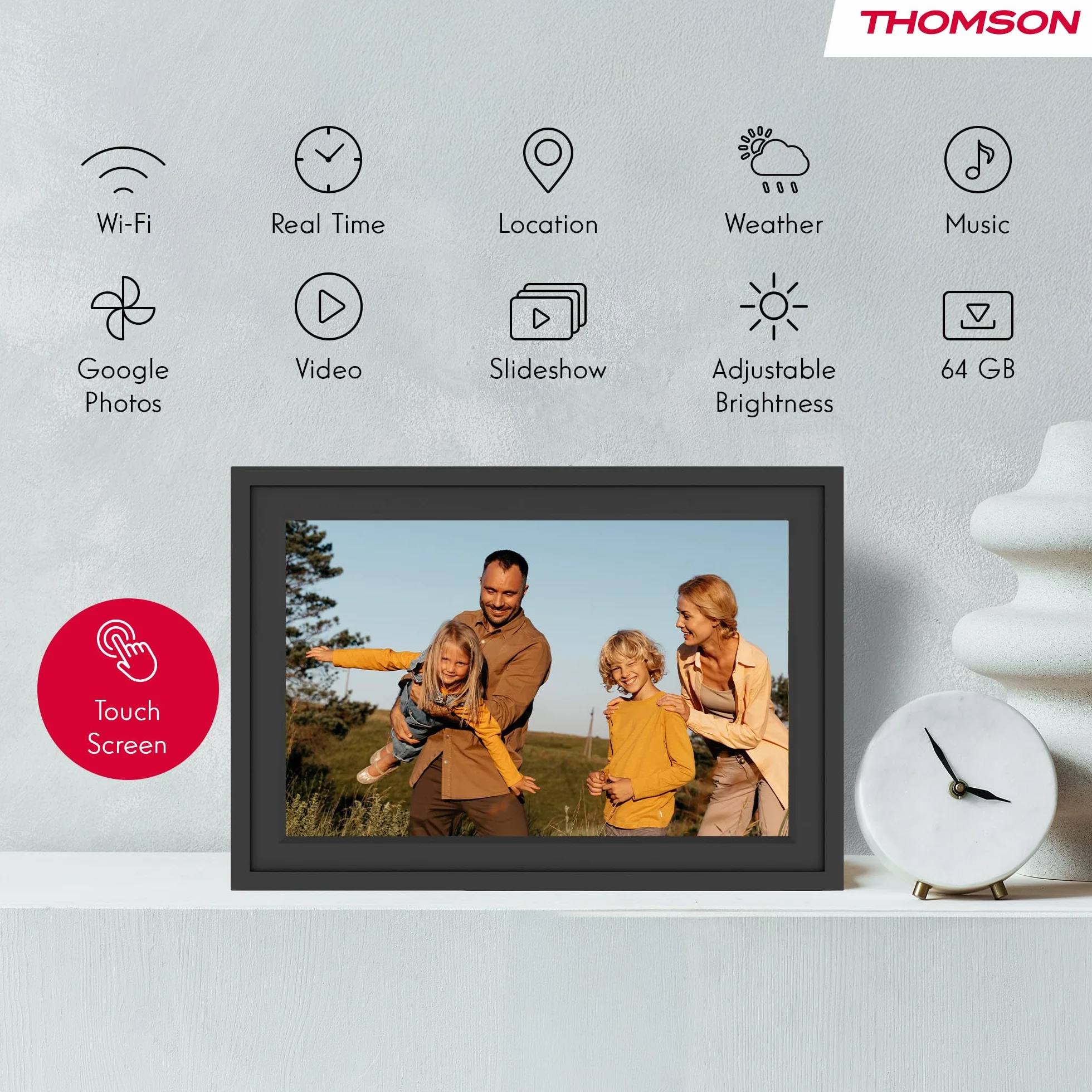 Thomson Cyfrowa Ramka na Zdjęcia 10 Cali, Ekran IPS, Ekran Dotykowy HD, WLAN, Bezpośrednie Udostępnianie przez App, Funkcje Smart, Elektroniczna Ramka na Zdjęcia z Pamięcią 32 GB, Automatyczny Obrót