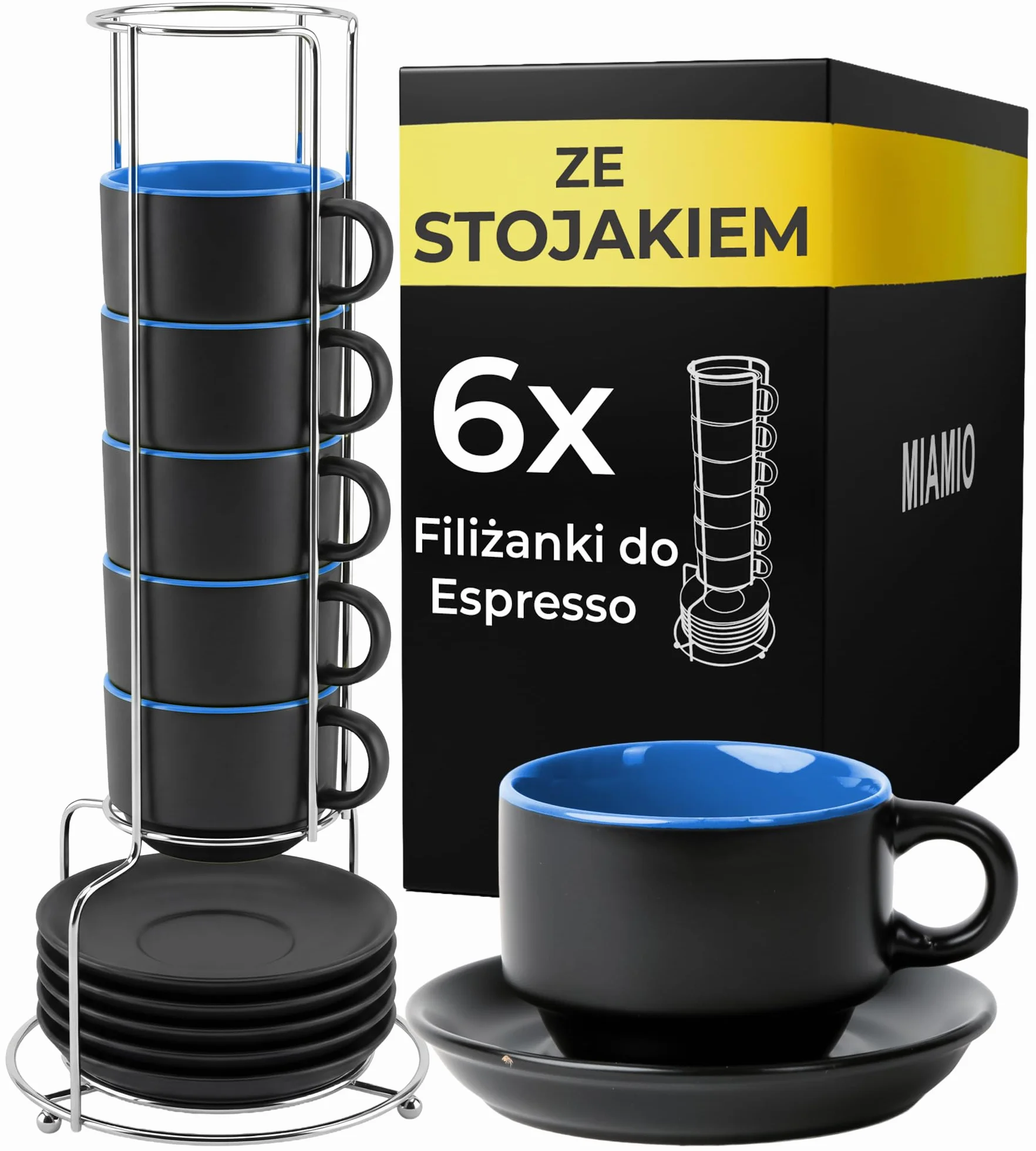 MIAMIO Zestaw kubków espresso 6x75 ml kamionka czarne zewnątrz kolorowe wewnątrz Le Papillon Niebieski