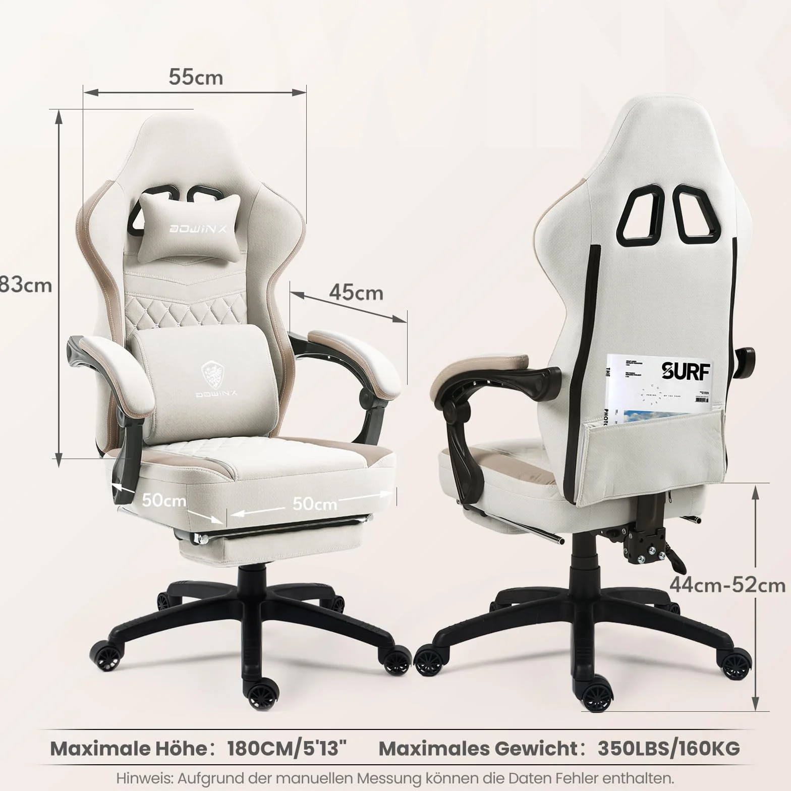 Dowinx fotel gamingowy z tkaniną, masażer do gier z podnóżkiem, ergonomiczny fotel komputerowy dla graczy, fotel biurowy, wytrzymałość 150 kg, kolor beżowy