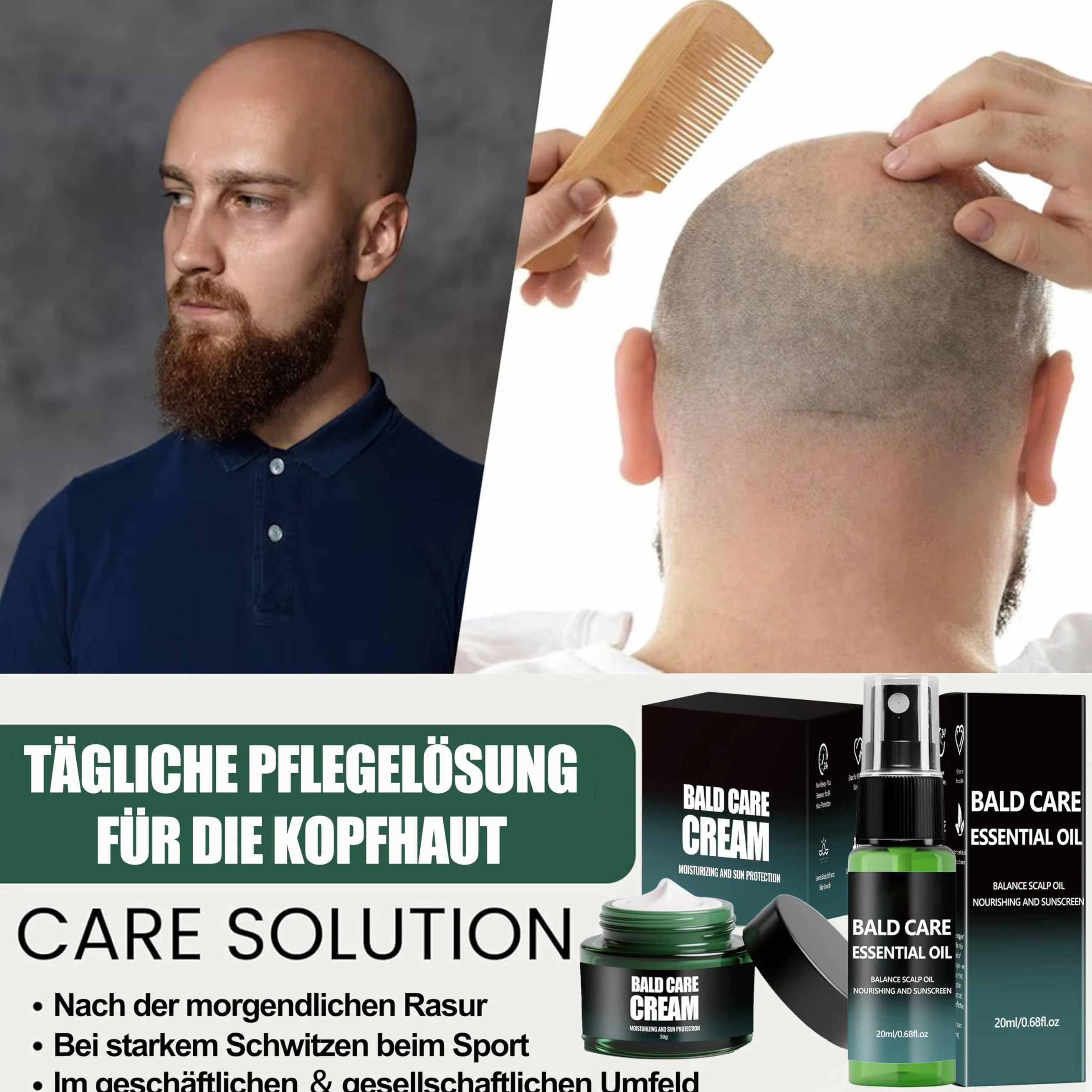 Pielęgnujący krem na łysinę i spray do pielęgnacji skóry głowy - zestaw, krem do pielęgnacji skóry głowy, pielęgnujący spray dla łysych, nawilżająca pielęgnacja łysej głowy, odświeżający i
