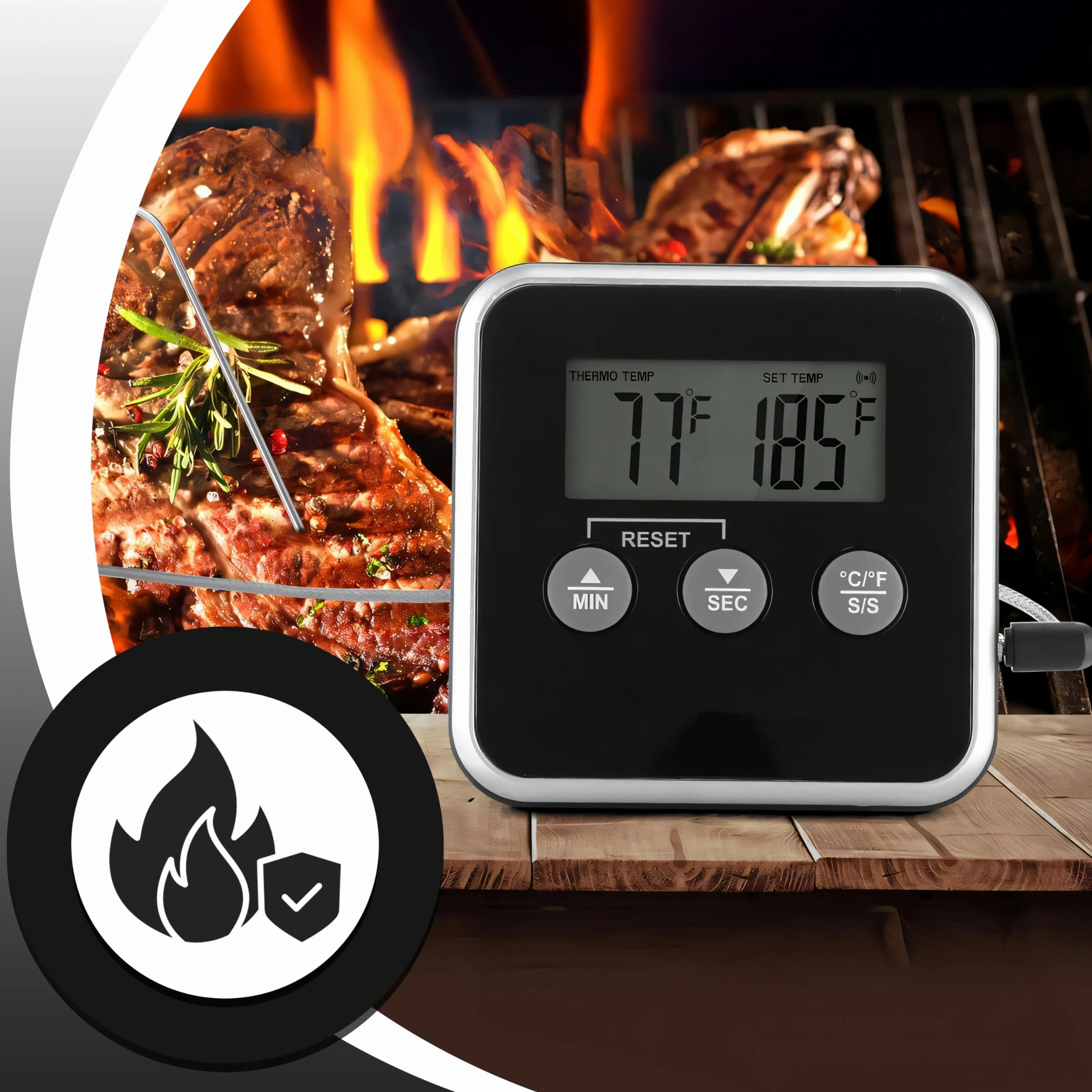 Retoo Cyfrowy termometr do mięsa z długą sondą 0-300°C wodoszczelny do grilla i piekarnika