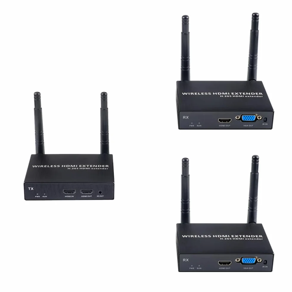 EXVIST Nadajnik Wireless HDMI z 2 odbiornikami i wyjściem VGA, 1080P@60FPS, H.265, duży zasięg do 656 stóp, obsługa podczerwieni, przesyłanie strumieniowe z laptopa, PS4, telewizora HDTV lub projektor