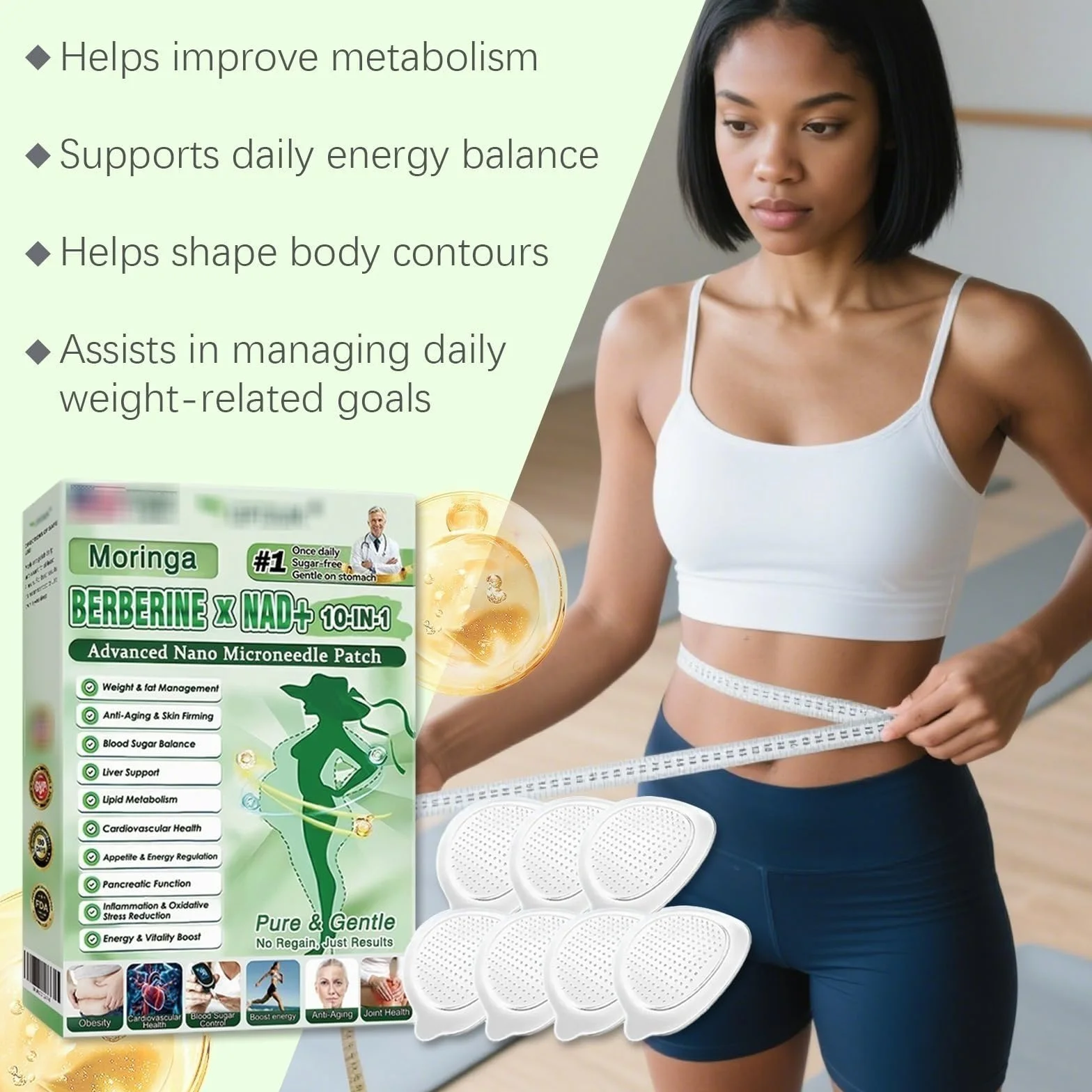 Plaster Nano Microneedle odchudzający, Moringa 10 w 1, naturalne składniki, codzienne plastry do ciała, ultracienkie i niewidoczne ukierunkowane działanie dla mężczyzn i kobiet