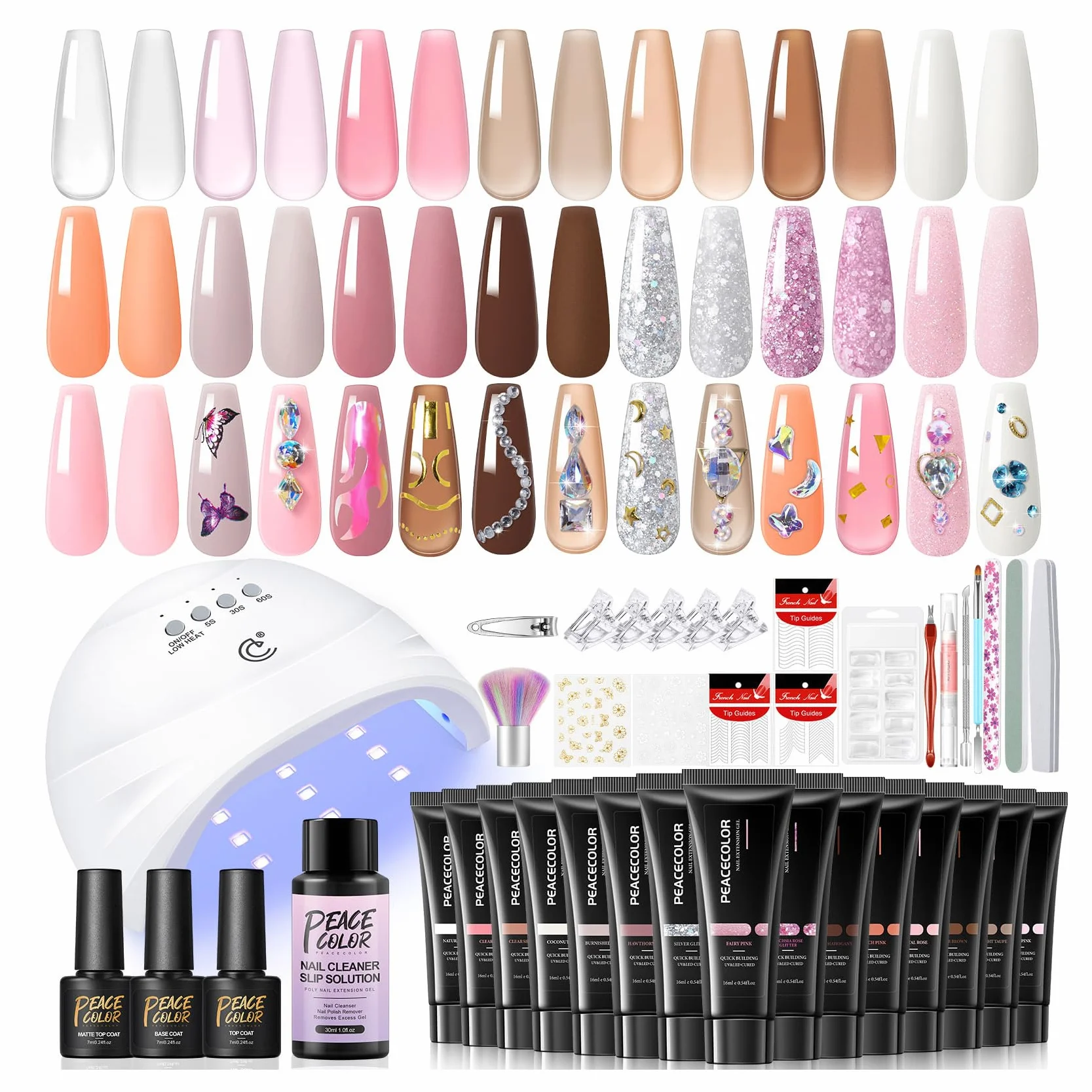 PEACECOLOR Poly Nail Gel zestaw do paznokci z lampą UV, 15 kolorów, zestaw 16 ml i slipsol Base Top Matte Coat paznokcie akrylowe do szybkiego przedłużania paznokci do samodzielnego wykonania